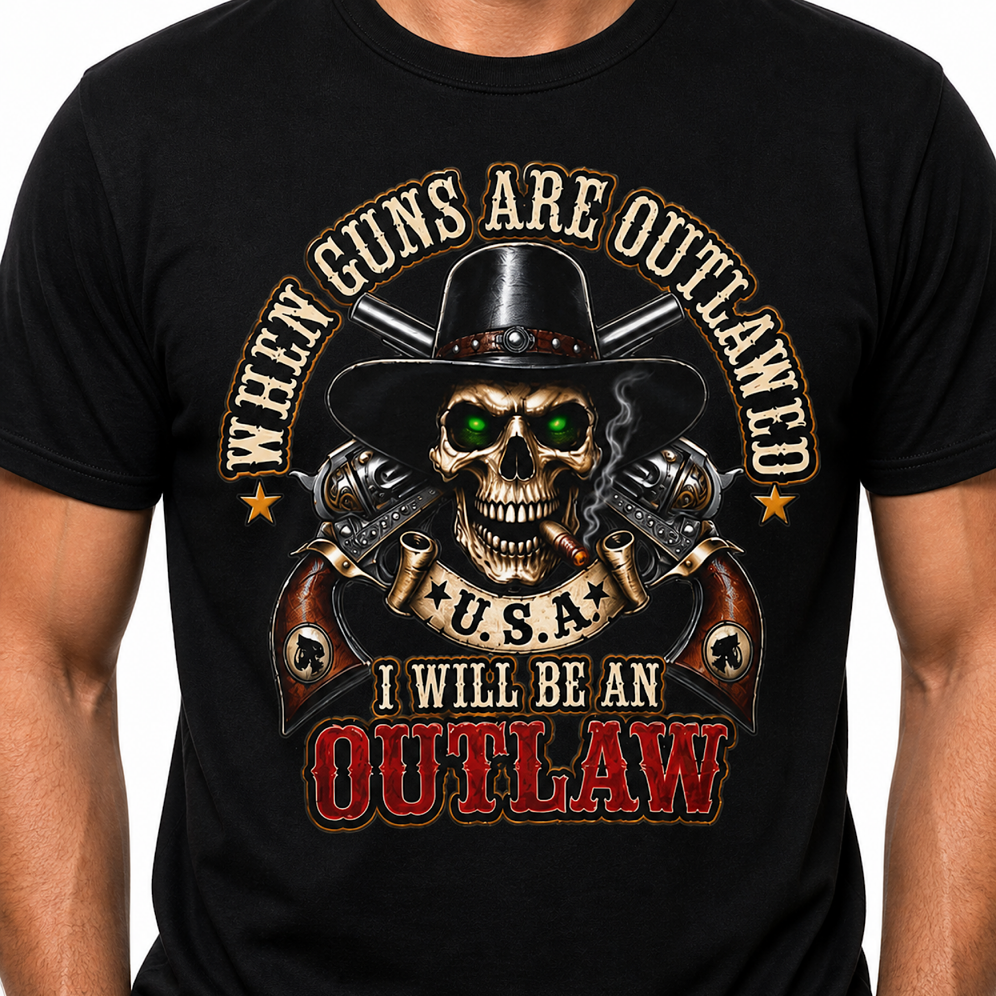 Outlaw Skull Biker T-Shirt USA Guns Tactical Cowboy Graphic Tee No Harley
