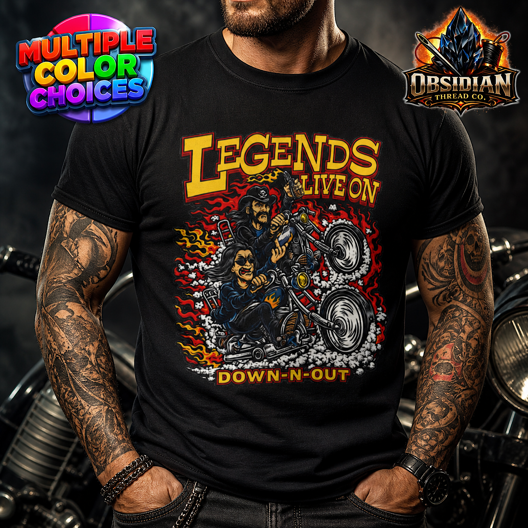 Rock Metal Legends Live On Down Out Skull Biker T Shirt Motorcycle Graphic Tee 