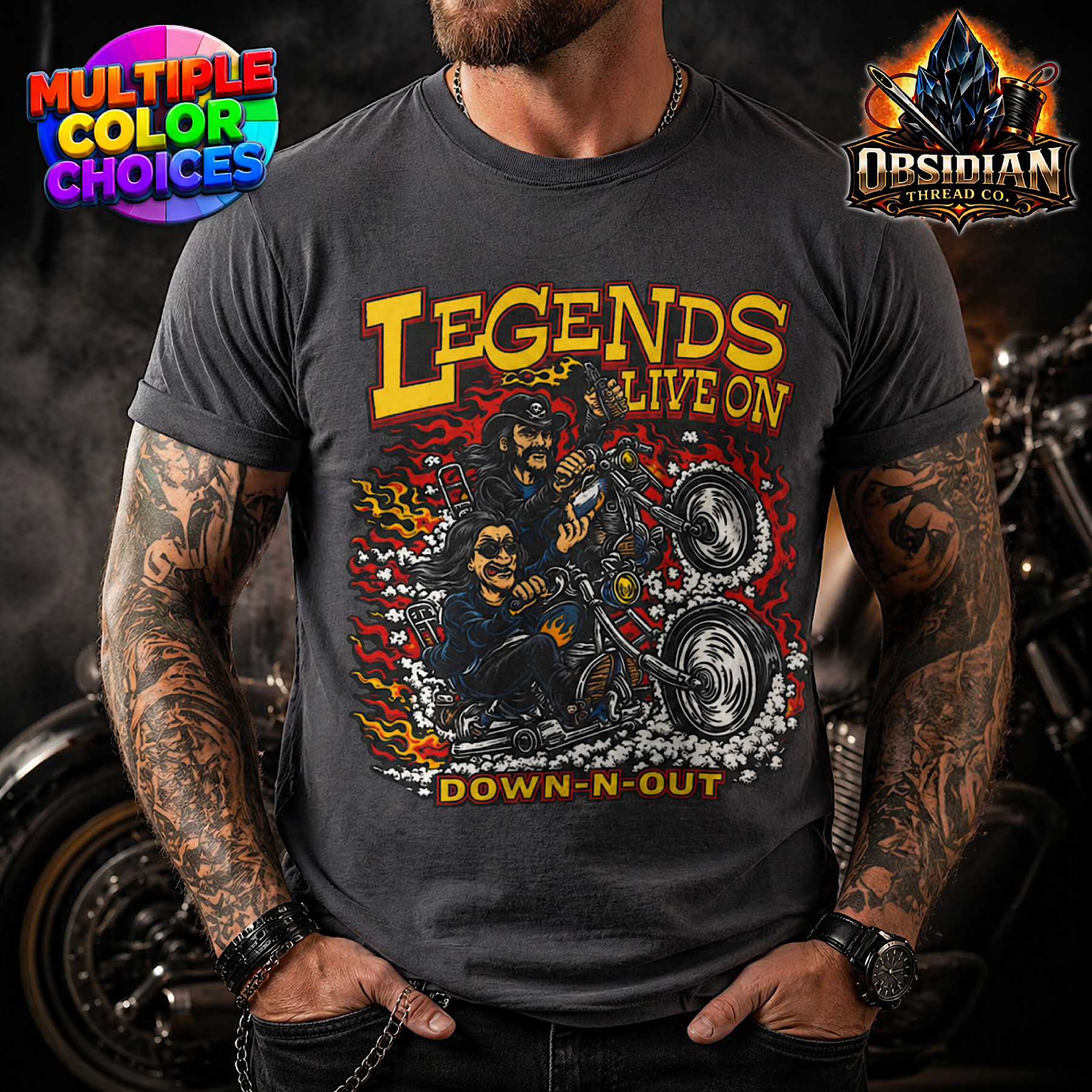 Rock Metal Legends Live On Down Out Skull Biker T Shirt Motorcycle Graphic Tee  product thumbnail image