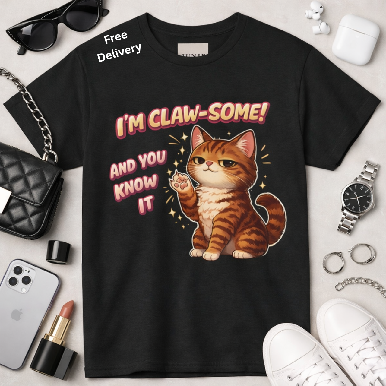 I'm Claw-some Cat Tee, Cute Orange Tabby T-Shirt, Funny Cats Pun Shirt, Animal Lovers Fashion, Pet Owners Gift, Casual Wear