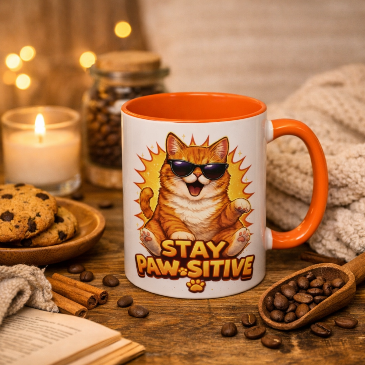Cute Cat Sunshine Accent Ceramic Mug, Stay Paw-sitive Feline Coffee Mug, Gift for Cat Lovers, Colorful Cup, 11oz product thumbnail image
