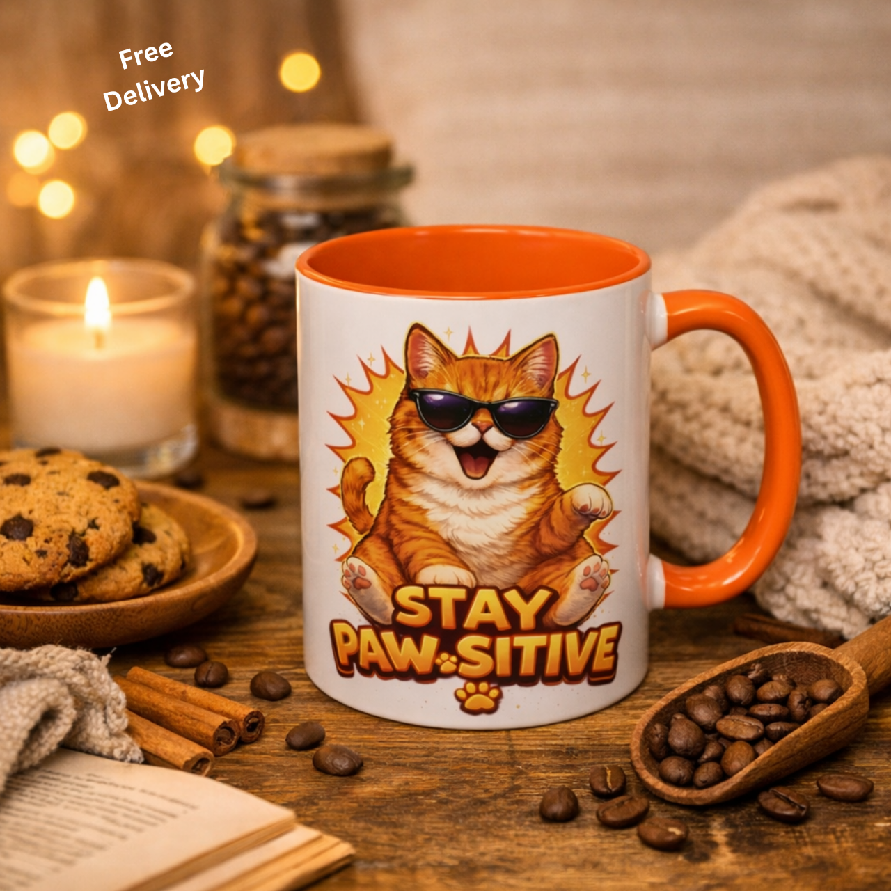 Cute Cat Sunshine Accent Ceramic Mug, Stay Paw-sitive Feline Coffee Mug, Gift for Cat Lovers, Colorful Cup, 11oz