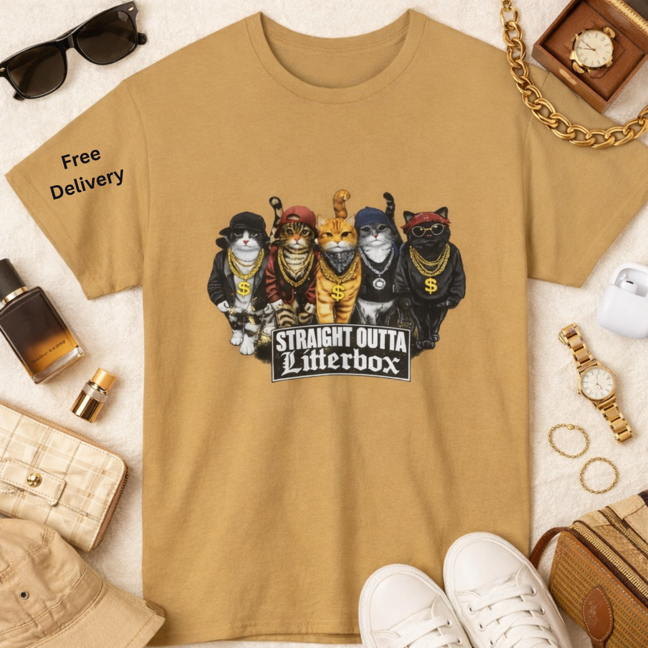 Cartoon Cat Crew Graphic T-Shirt, Straight Outta Litterbox Cats Tee, Hip-Hop Lovers Shirt, Sassy Trendy Street Style