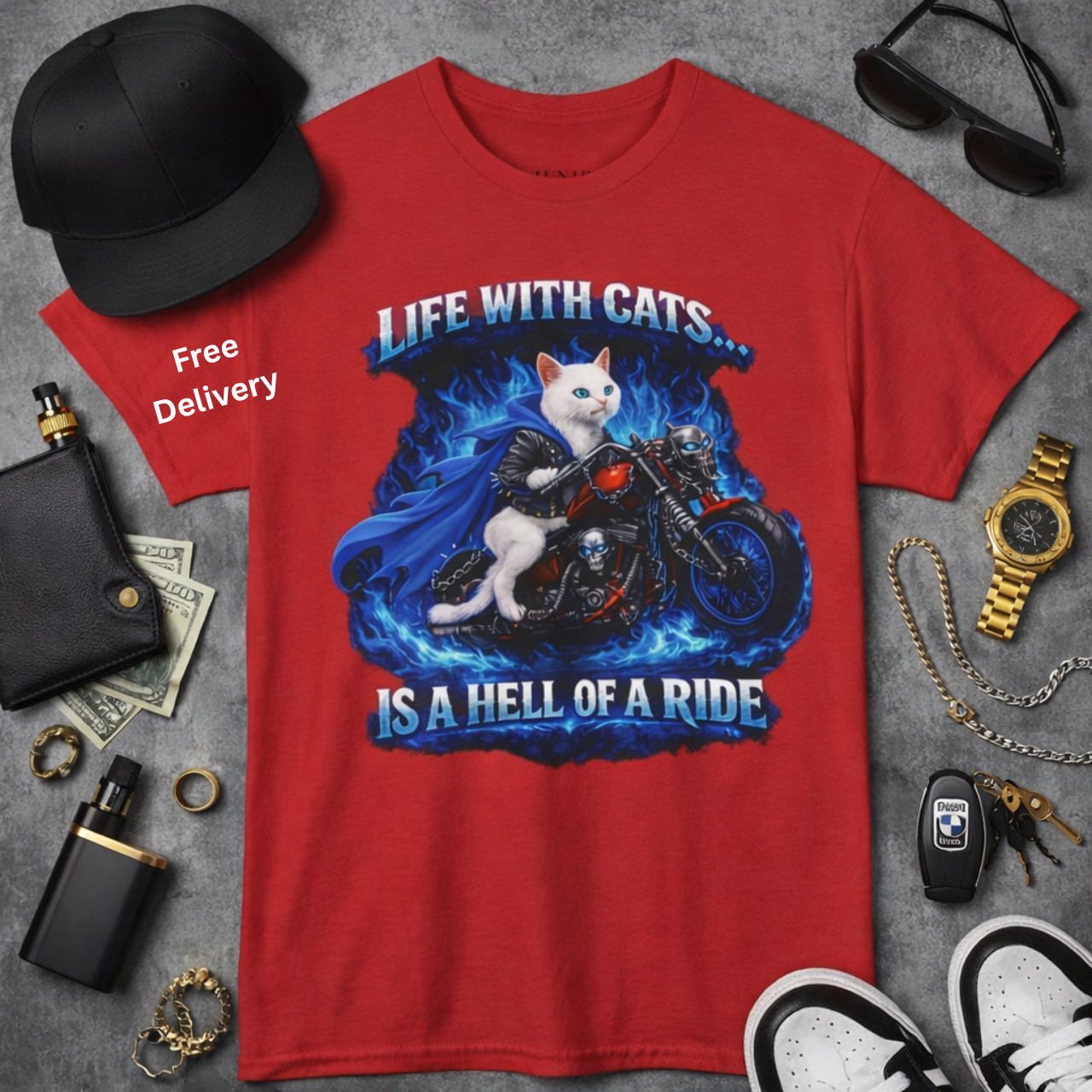 Life With Cats T-Shirt, Cat Biker Motorcycle Graphic Tee, Pet Lover Gift, Animal Lovers Shirt, Motorbike Enthusiasts Fashion