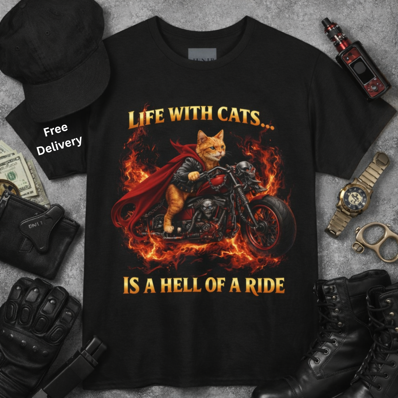 Life With Cats T-Shirt, Cat Biker Motorcycle Graphic Tee, Animal Lovers Shirt, Pet Owner Gift, Motorbike Enthusiasts Fashion