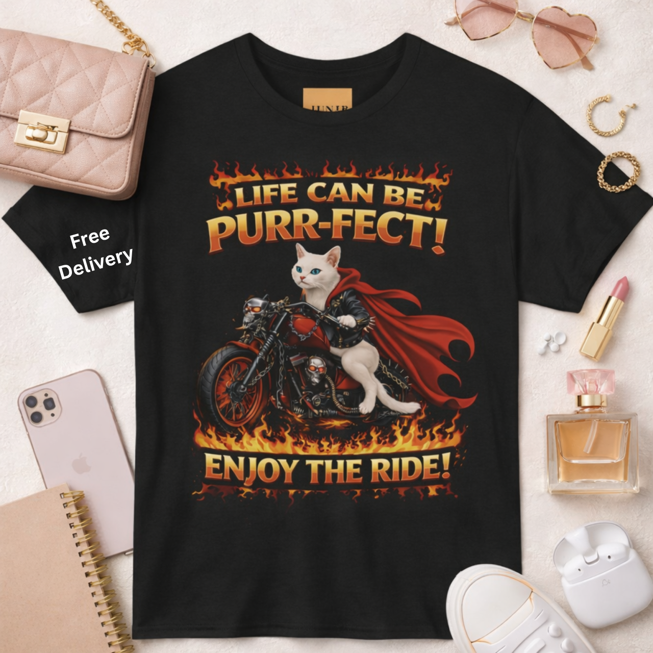 Cat on Motorcycle T-Shirt, Enjoy the Ride Biker Graphic Tee, Animal Lovers Shirt, Pet Owner Gift, Motorbike Lover Fashion