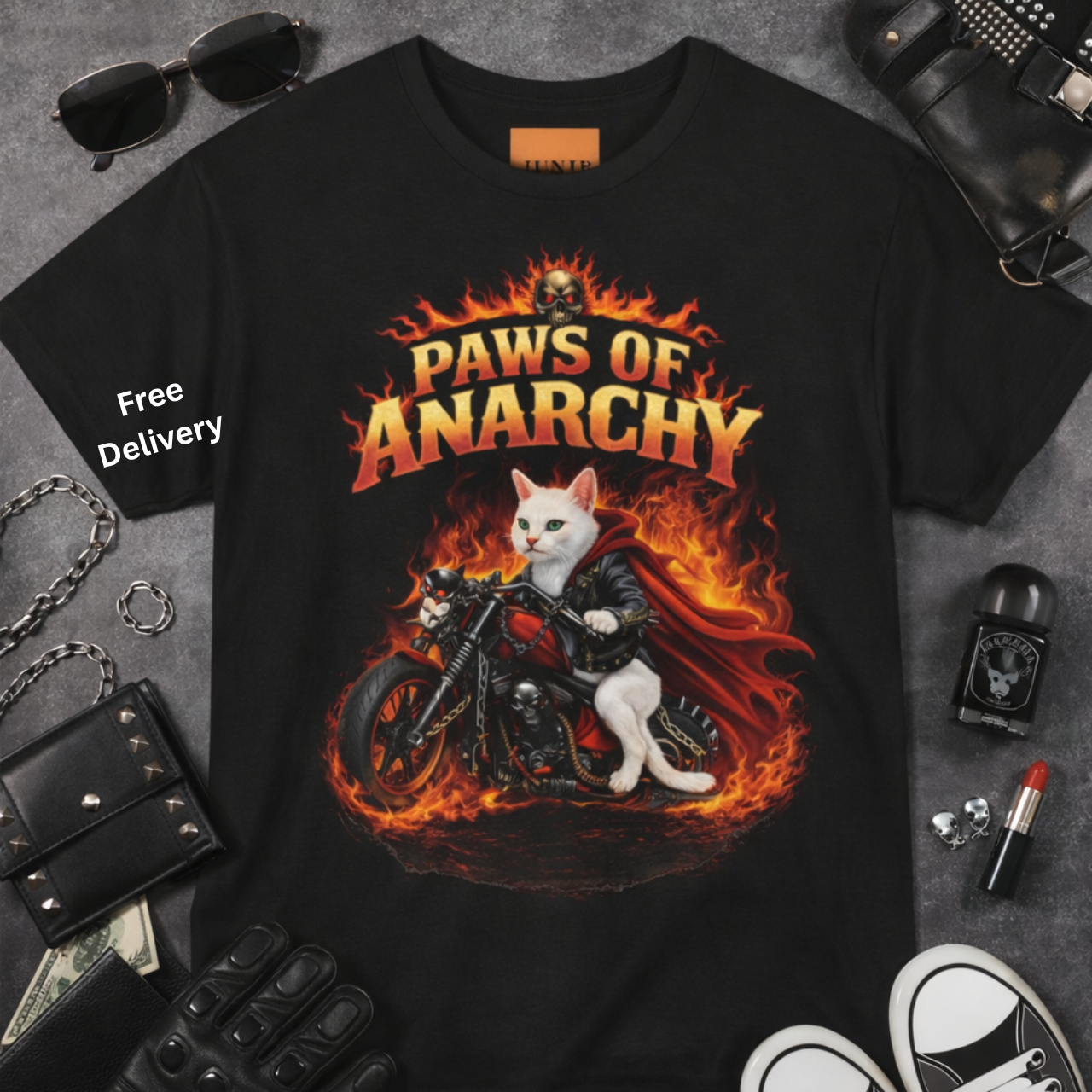 Paws of Anarchy Biker Cat Tee, Motorcycle Flames Unique Graphic T-Shirt, Punk Pet Motorbike Shirt, Casual Unisex Fashion
