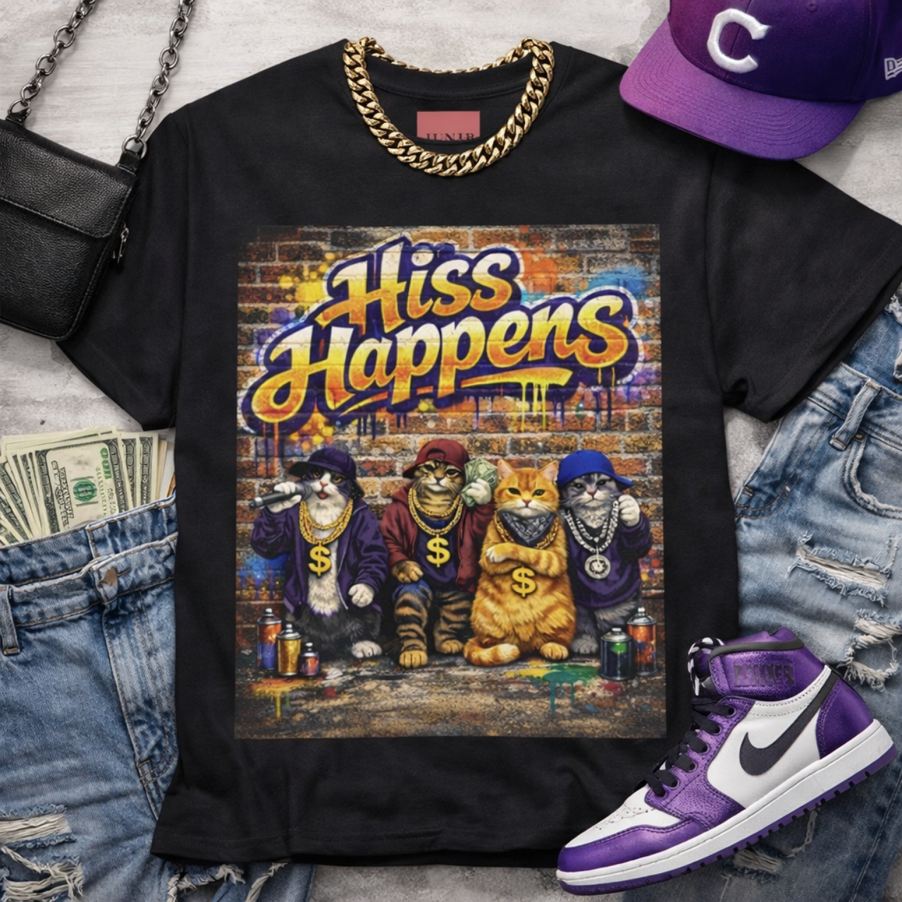 Funny Cats Unisex Tee, Street Art Cat Crew, Graffiti T-Shirt, Animal Lovers Shirt, Feline Lover, Streetwear Hip-Hop Fashion product thumbnail image