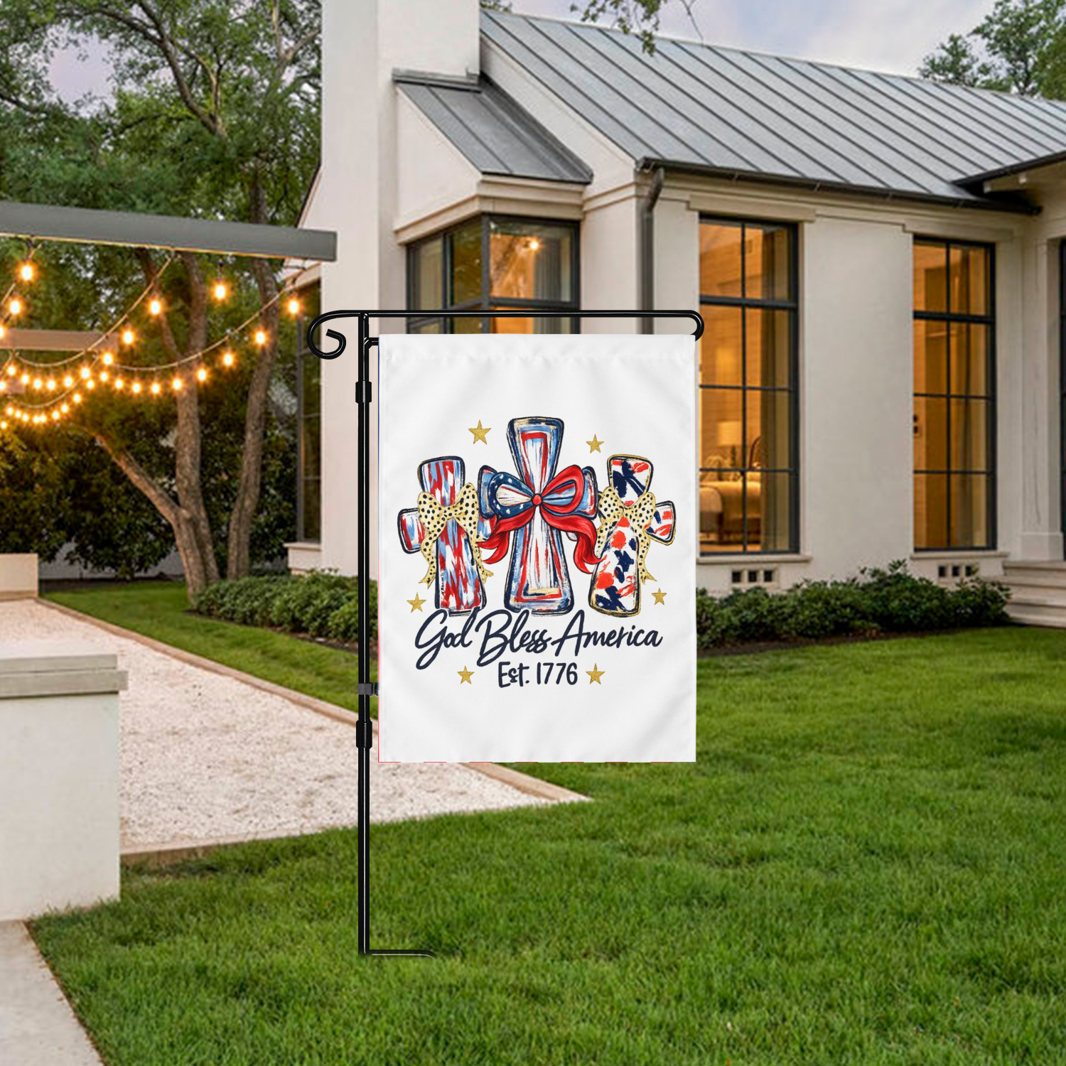 God Bless America Outdoor Flag - Patriotic Crosses Design (Est. 1776)