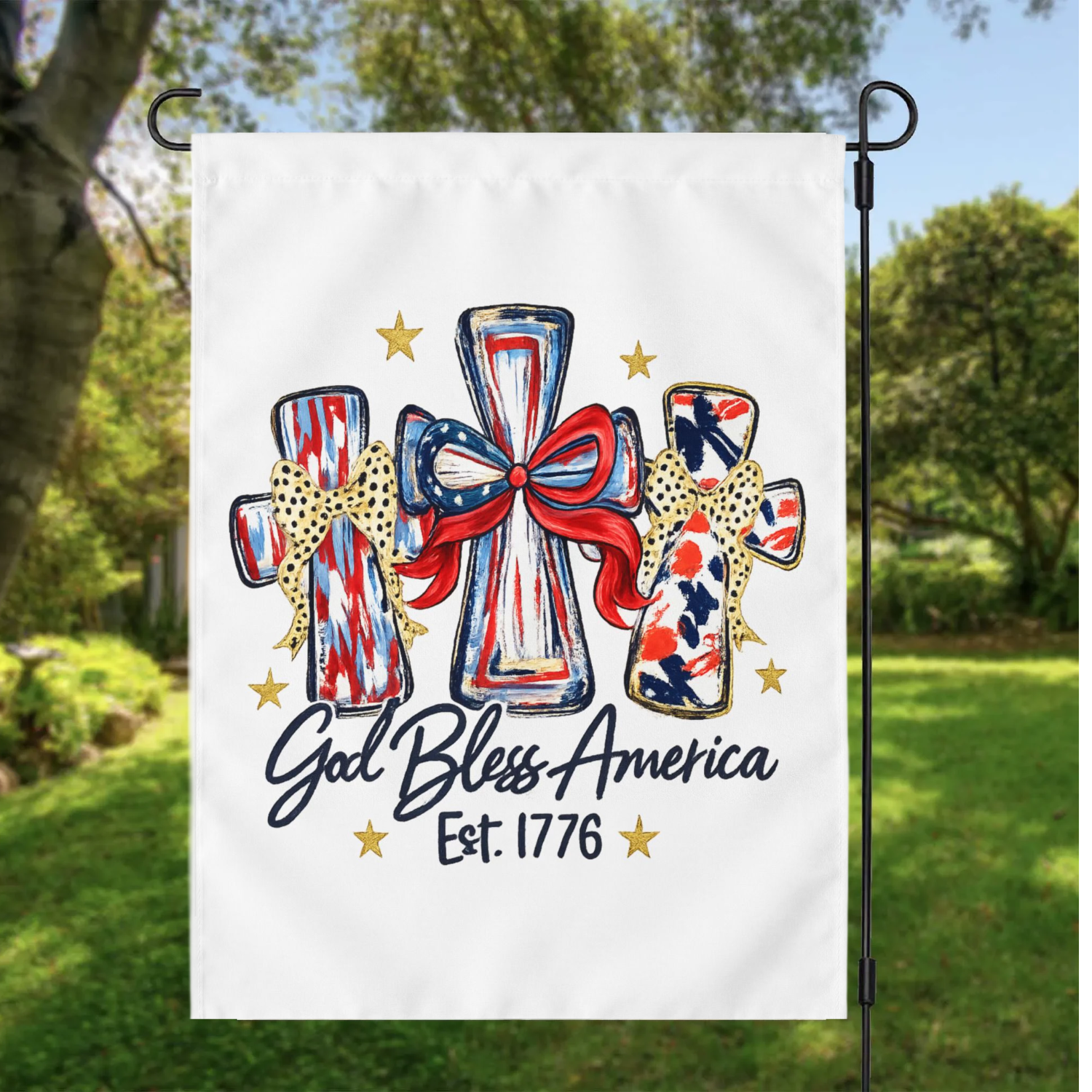 God Bless America Outdoor Flag - Patriotic Crosses Design (Est. 1776) product thumbnail image God Bless America Outdoor Flag - Patriotic Crosses Design (Est. 1776) product thumbnail image