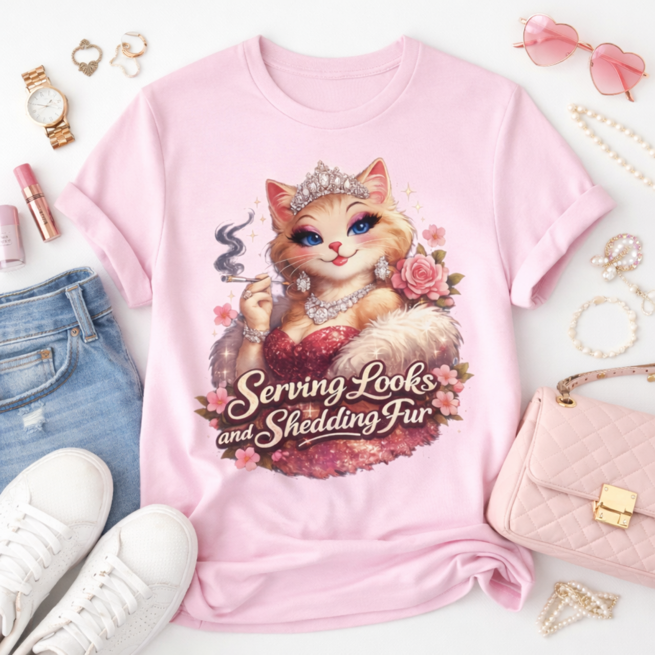 Retro Glam Floral Cat Design Tee, Serving Looks Shedding Fur T-Shirt, Cat Mom Shirt, Cute Feline Fashion, Pet Lovers Gift