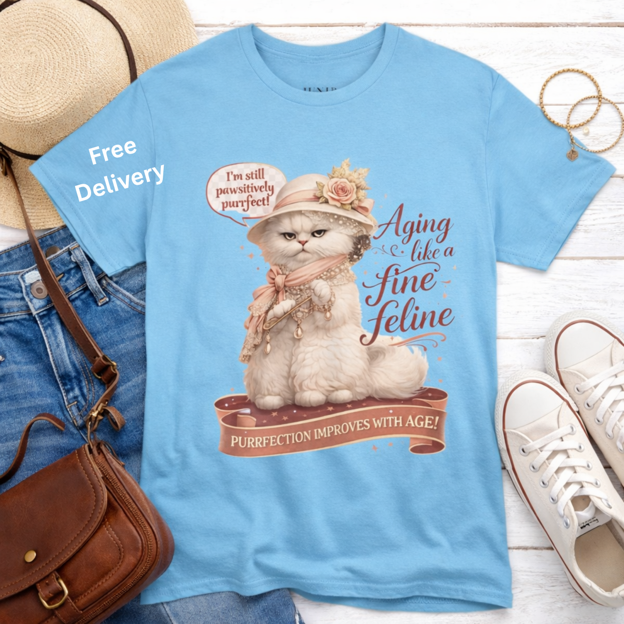Aging Like a Fine Feline T-Shirt, Vintage Cat Illustration Tee, Whimsical Quote, Women's Funny Shirt, Ladies Casual Fashion