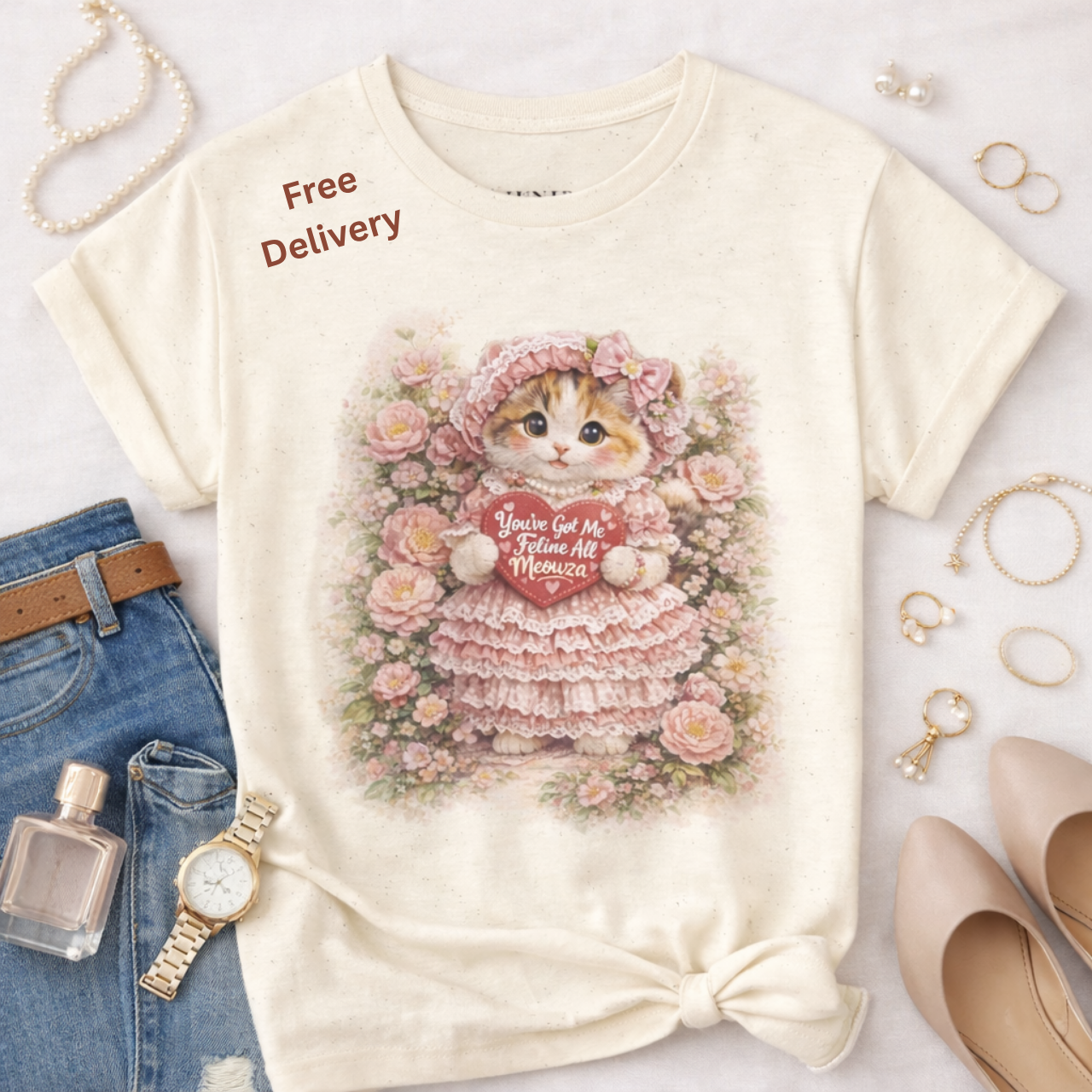 Cute Vintage Kitten T-Shirt, Floral Heart Cat Illustration Tee, Birthday Gift, Mother's Day Gift, Animal Lovers Shirt, Casual Fashion product thumbnail image