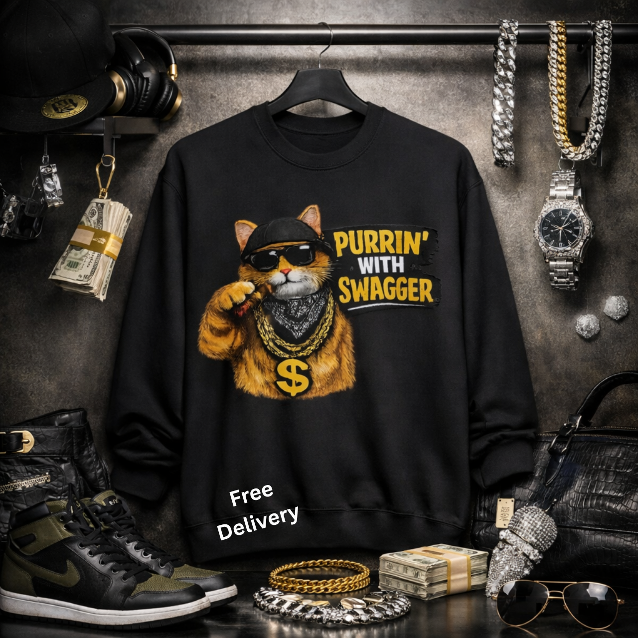 Cat Purring with Swagger Unisex Sweatshirt, Cool Cats Pullover, Urban Street Style, Funny Casual Streetwear, Hip-Hop Fashion