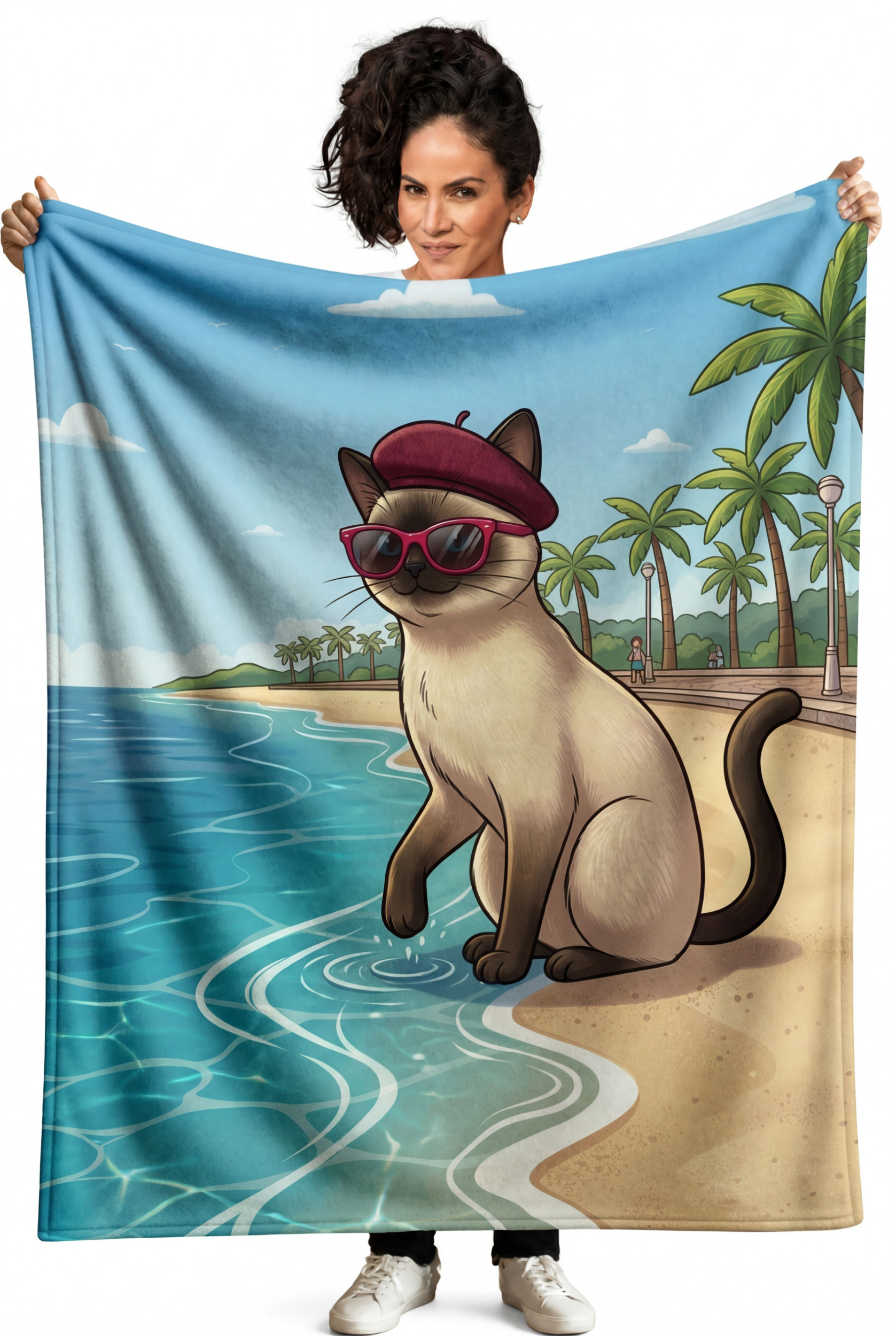 Siamese Cat on Sunny Mediterranean Beach in Nice, France Velveteen Plush Blanket, Tropical Cute Cat Lovers Soft Throw product thumbnail image Siamese Cat on Sunny Mediterranean Beach in Nice, France Velveteen Plush Blanket, Tropical Cute Cat Lovers Soft Throw product thumbnail image