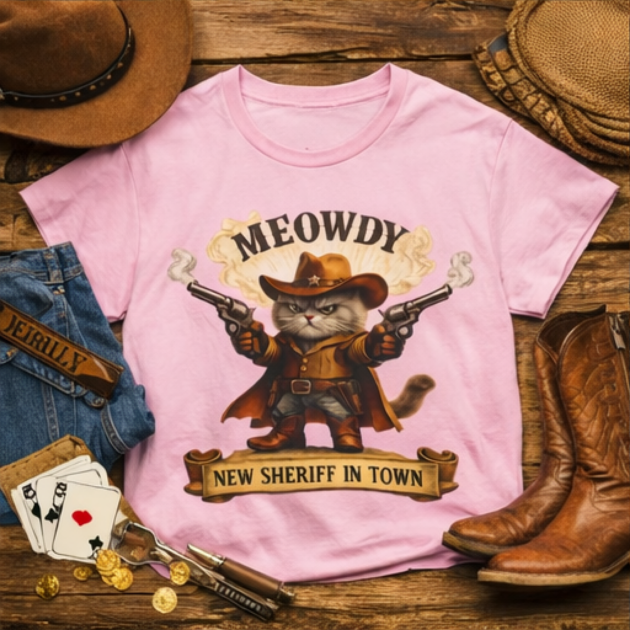 Cowboy Cat Western Graphic Tee, Fun Pet Lovers Gift, Cute Funny Animal Lover T-Shirt, Unisex Playful Humor Shirt, Casual Wear product thumbnail image