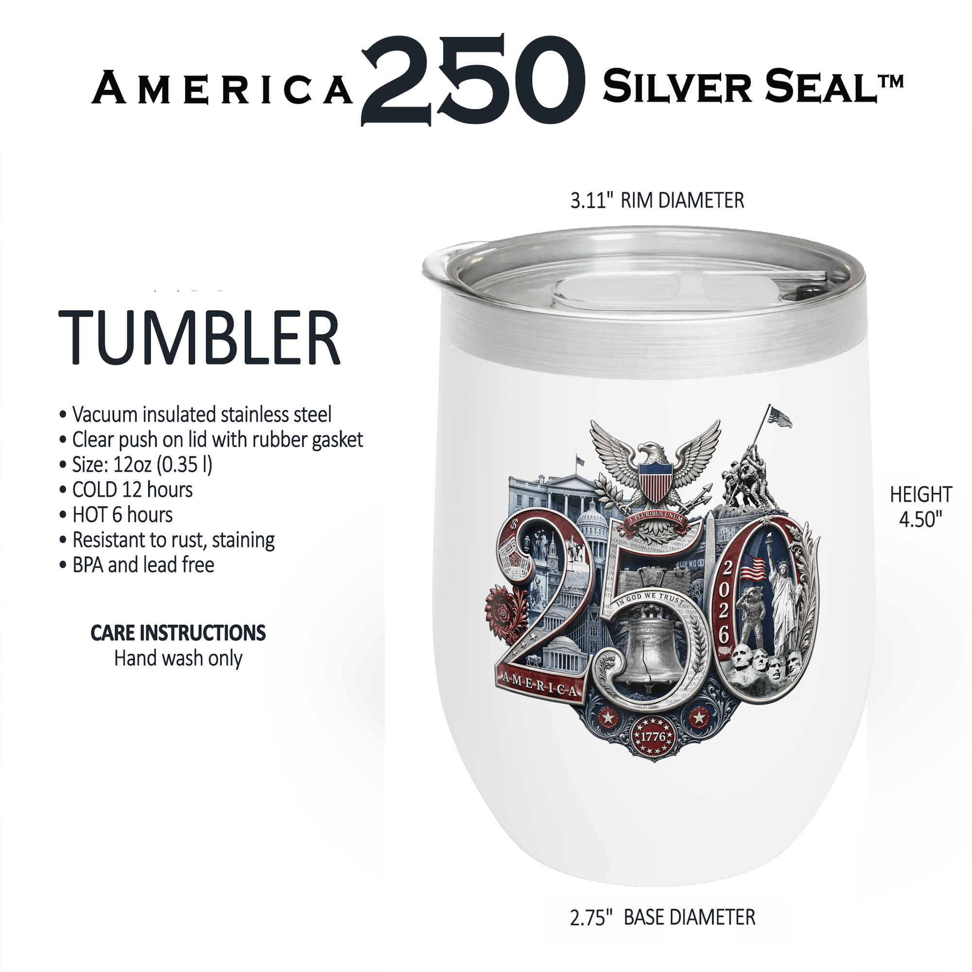 America 250 Commemorative Wine Tumbler, 12oz - Insulated w Lid, Limited Edition Hand-Crafted Silver Seal Patriotic Design product thumbnail image America 250 Commemorative Wine Tumbler, 12oz - Insulated w Lid, Limited Edition Hand-Crafted Silver Seal Patriotic Design product thumbnail image