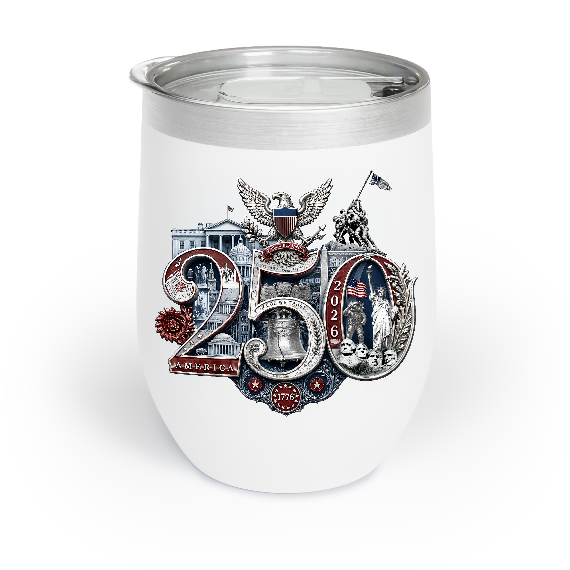 America 250 Commemorative Wine Tumbler, 12oz - Insulated w Lid, Limited Edition Hand-Crafted Silver Seal Patriotic Design product thumbnail image
