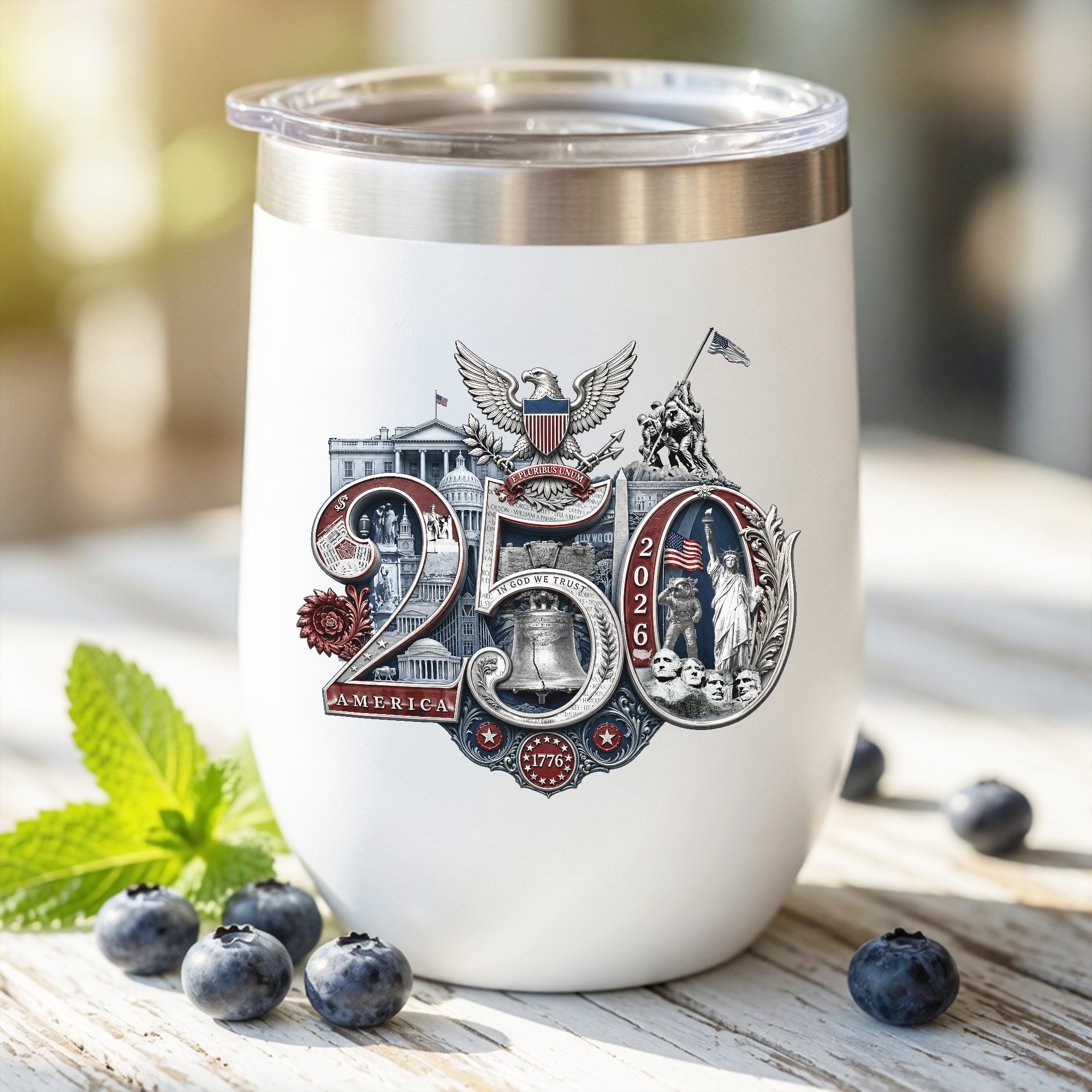America 250 Commemorative Wine Tumbler, 12oz - Insulated w Lid, Limited Edition Hand-Crafted Silver Seal Patriotic Design product thumbnail image America 250 Commemorative Wine Tumbler, 12oz - Insulated w Lid, Limited Edition Hand-Crafted Silver Seal Patriotic Design product thumbnail image