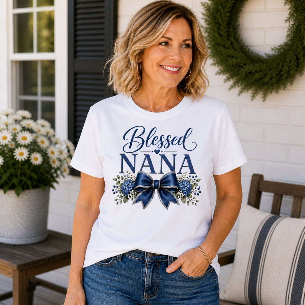 Blessed Nana Blue Bow T-Shirt | Floral Nana Tee, Grandma Gift Shirt product thumbnail image