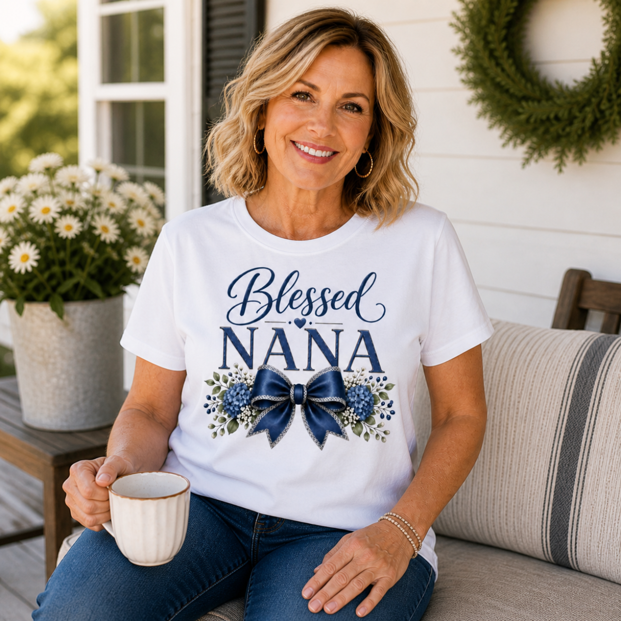 Blessed Nana Blue Bow T-Shirt | Floral Nana Tee, Grandma Gift Shirt product thumbnail image