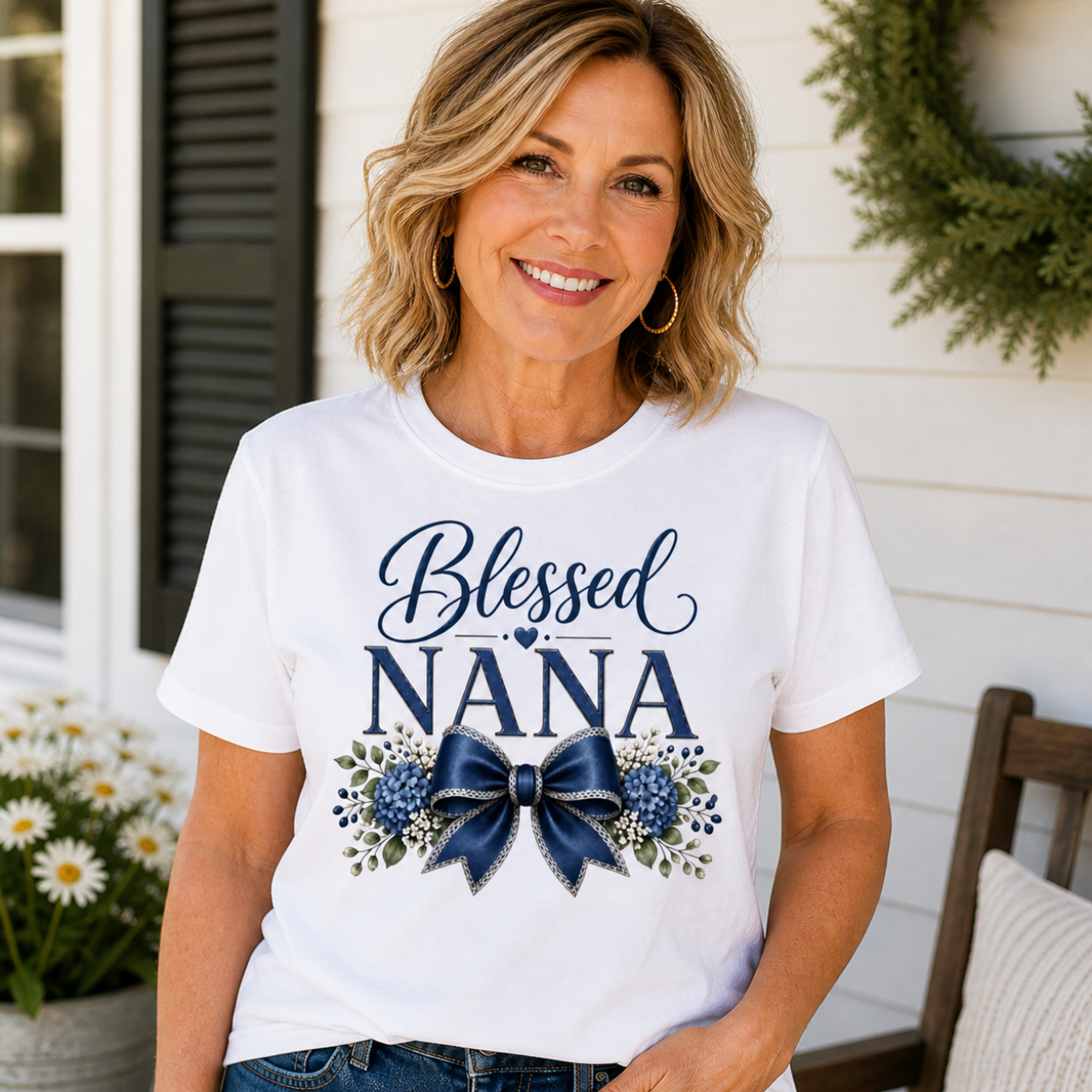 Blessed Nana Blue Bow T-Shirt | Floral Nana Tee, Grandma Gift Shirt product thumbnail image Blessed Nana Blue Bow T-Shirt | Floral Nana Tee, Grandma Gift Shirt product thumbnail image