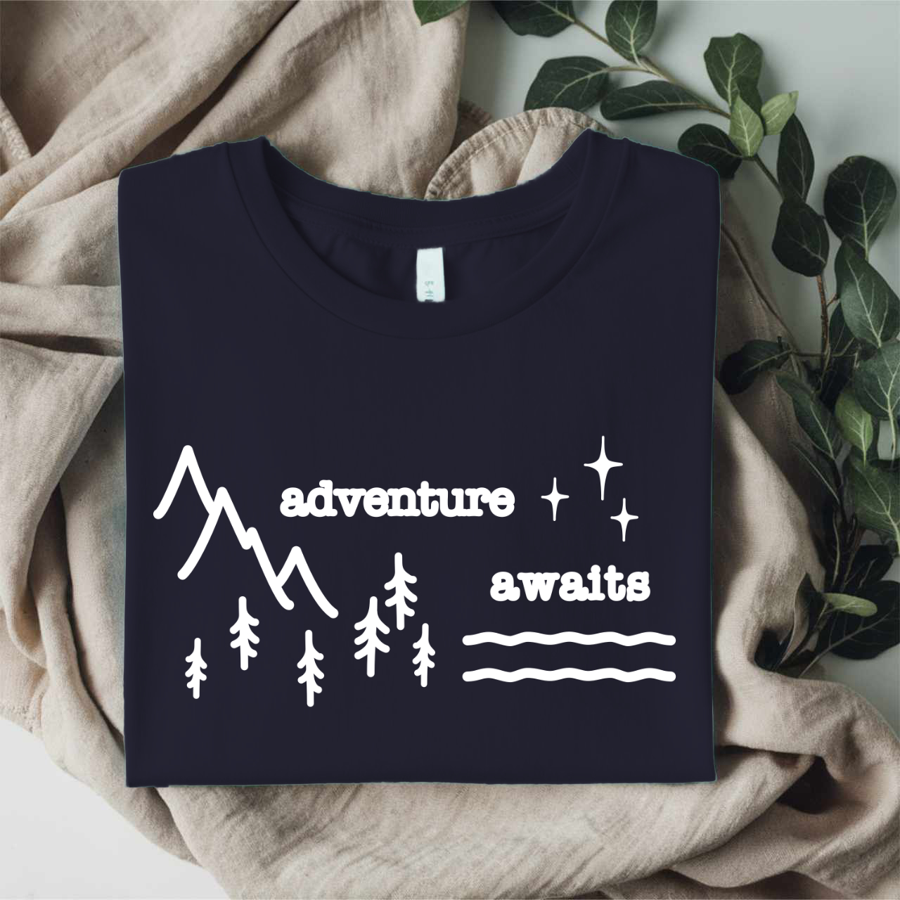 Adventure Awaits - Solid Mountains. Nature Lover Gift, Outdoorsy Tee, Mountains, Forests, Rivers, Stars product thumbnail image