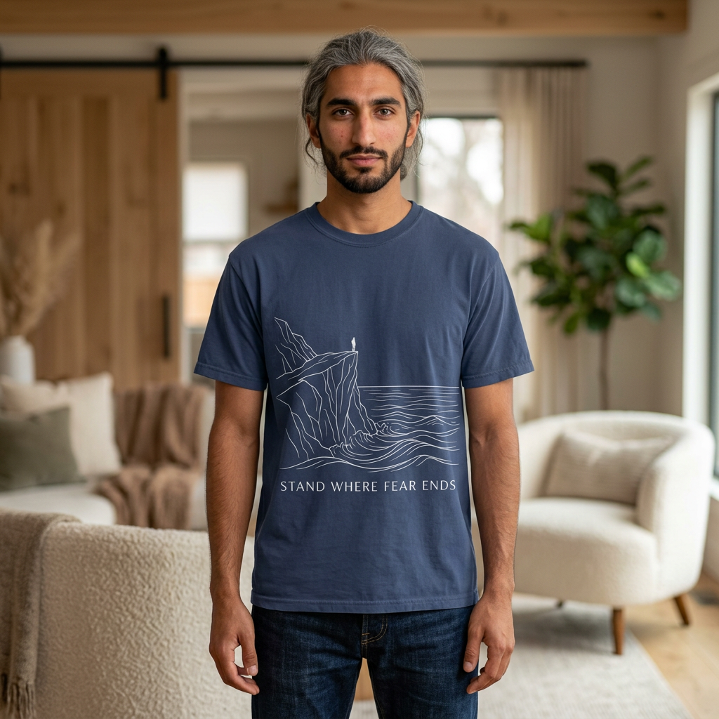 Stand Where Fear Ends T-Shirt — Minimal Cliff Line Art Tee