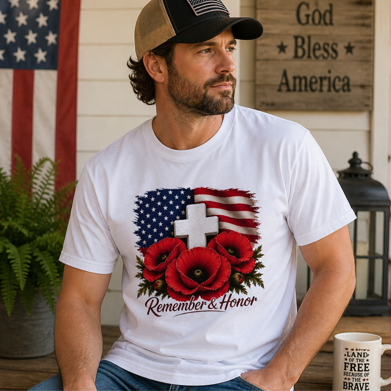 Remember &amp; Honor Shirt |  Memorial Day Shirt, Patriotic Poppy Tee |  American Flag Cross Shirt, USA Tribute Tee product thumbnail image