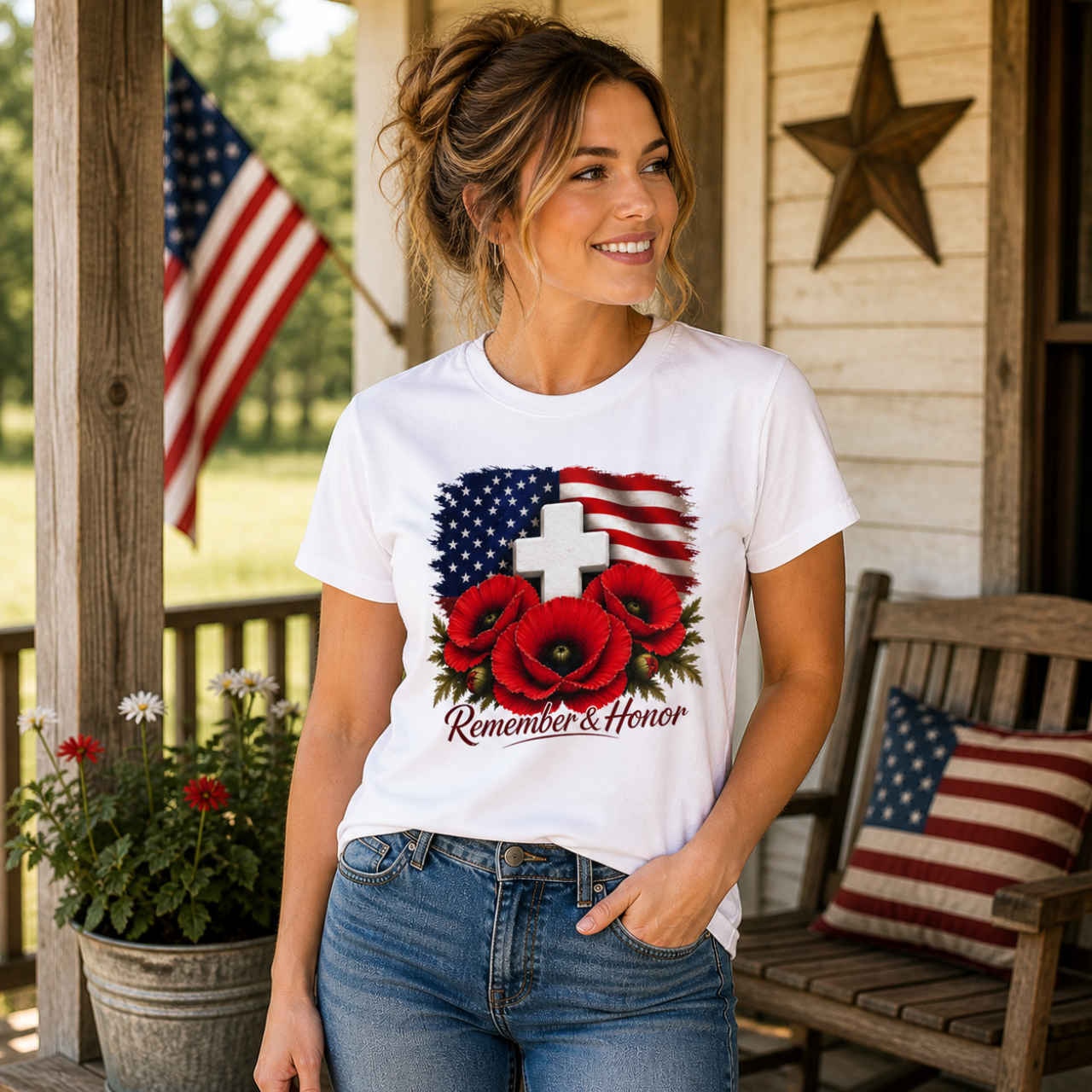 Remember &amp; Honor Shirt |  Memorial Day Shirt, Patriotic Poppy Tee |  American Flag Cross Shirt, USA Tribute Tee product thumbnail image