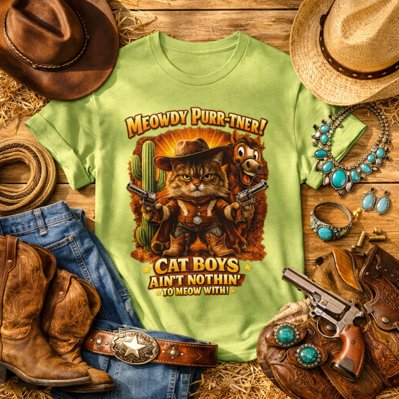 Funny Cat Cowboy Tee, Tabby Western Graphic Illustration T-Shirt, Animal Lovers Shirt, Pet Owners Gift, Casual Fashion