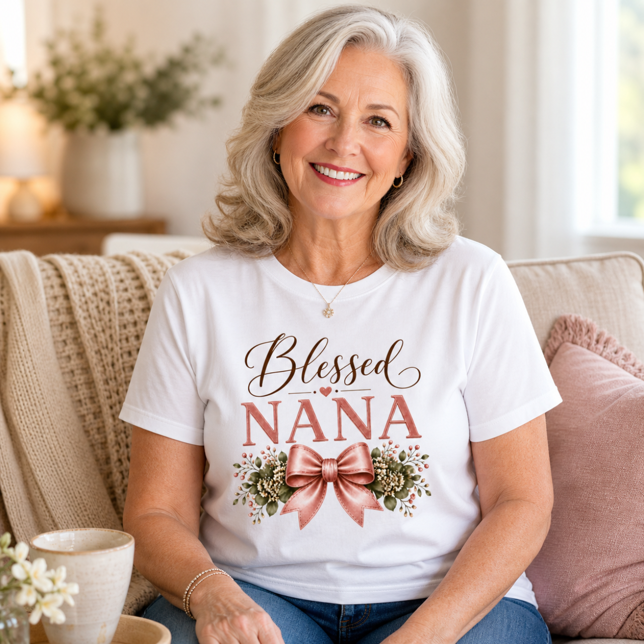 Blessed Nana Pink Bow Shirt | Floral Grandma Gift Tee product thumbnail image