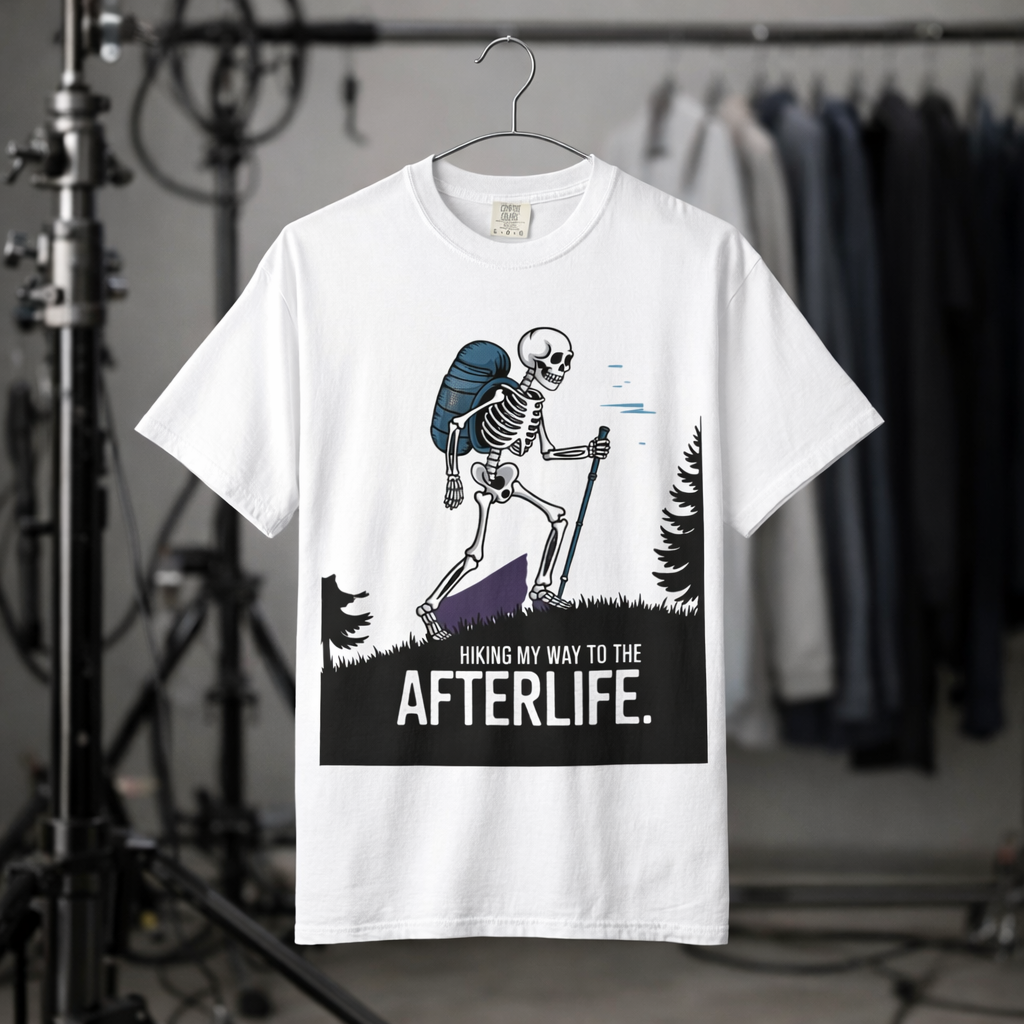 Hiking T-Shirt — “Hiking My Way to the Afterlife” Skeleton Backpack Tee product thumbnail image Hiking T-Shirt — “Hiking My Way to the Afterlife” Skeleton Backpack Tee product thumbnail image