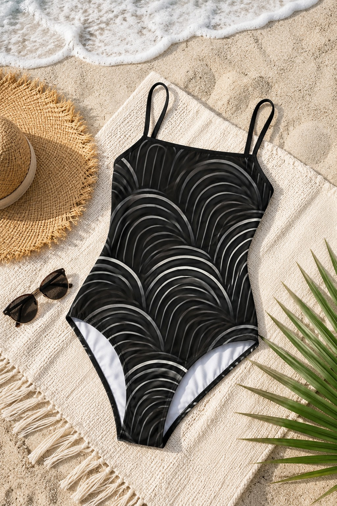 Women's Cool Wavy Black One-Piece Swimsuit - Beach Ready Swimwear