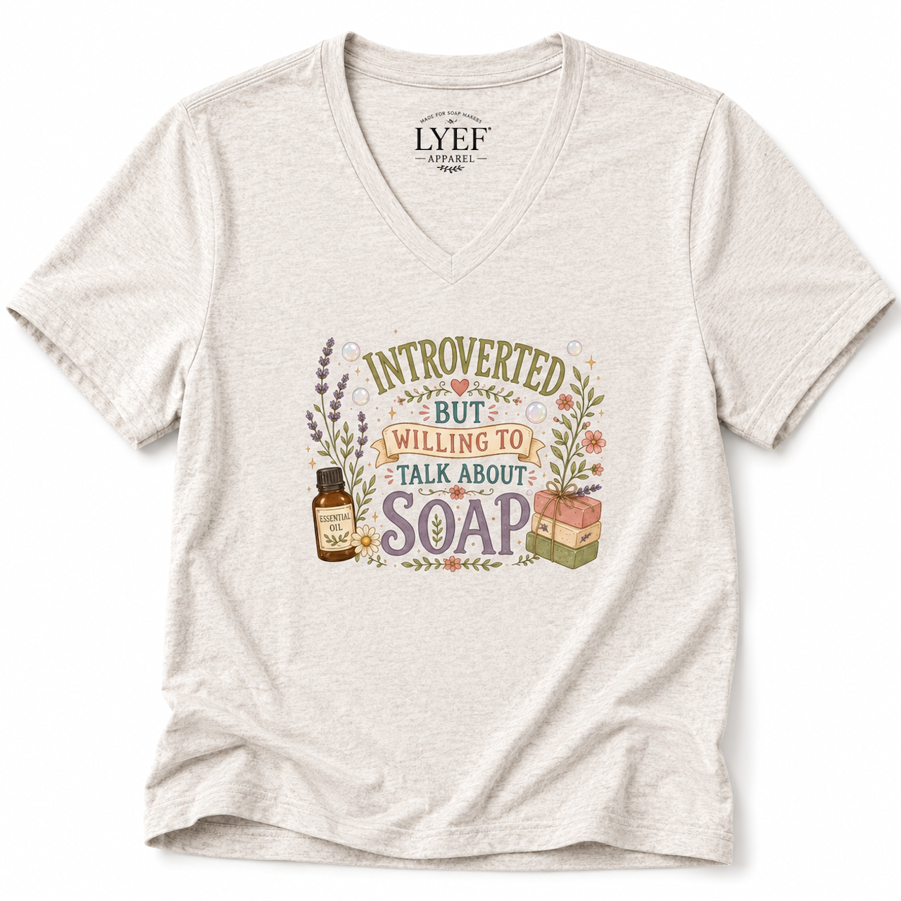 "Introverted But Willing to Talk About Soap" Soap Lover V-Neck Tee product thumbnail image "Introverted But Willing to Talk About Soap" Soap Lover V-Neck Tee product thumbnail image