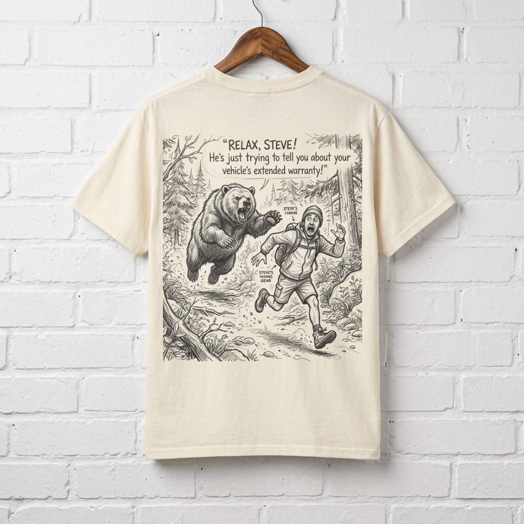 Bear Chase T-Shirt — "Relax, Steve!" Funny Outdoor Adventure Graphic Tee product thumbnail image