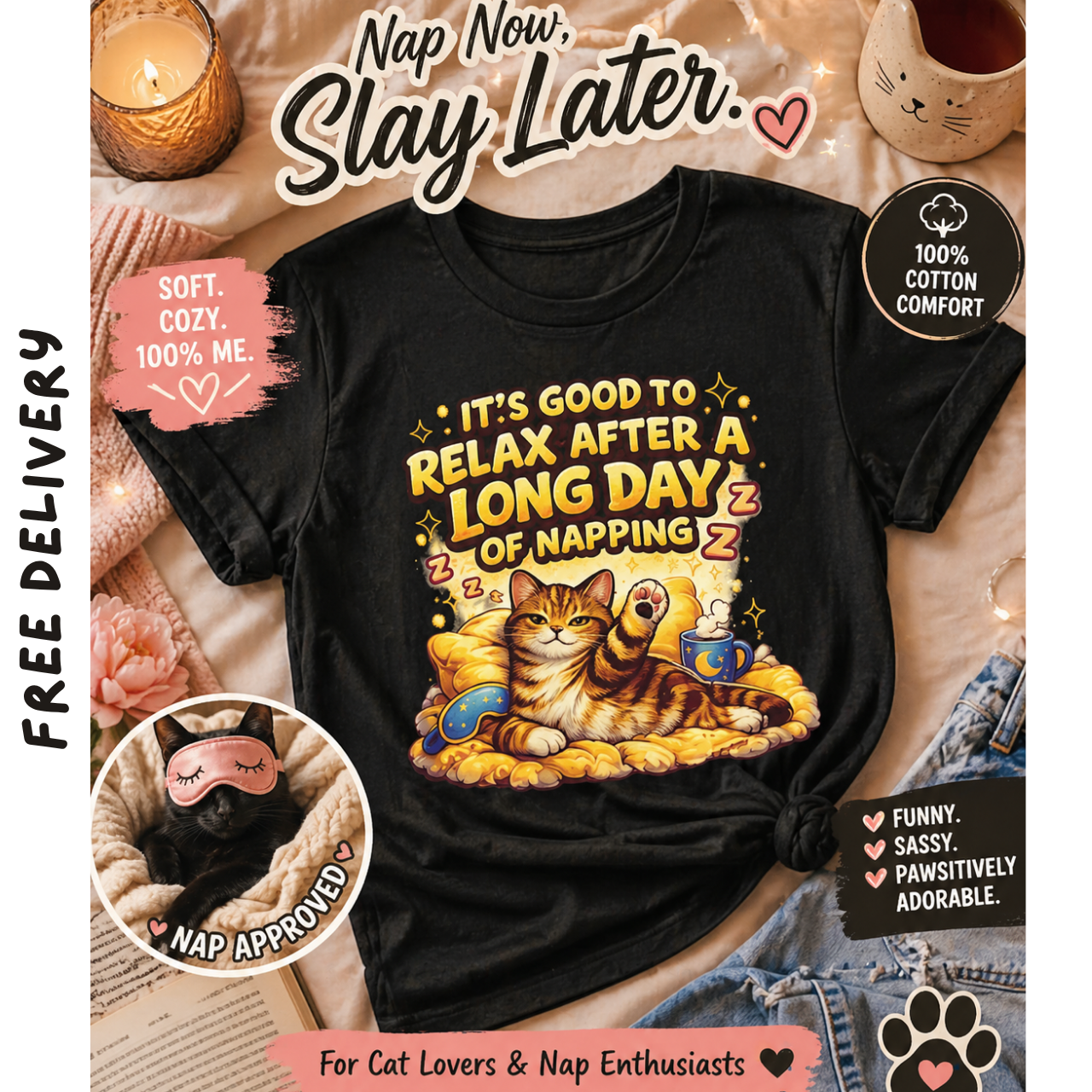 Cute Sleeping Cat Tee, Cozy Vibes Kitty Shirt, Lazy Cats T-Shirt, Funny Animal Lovers Fashion, Pet Owner's Gift