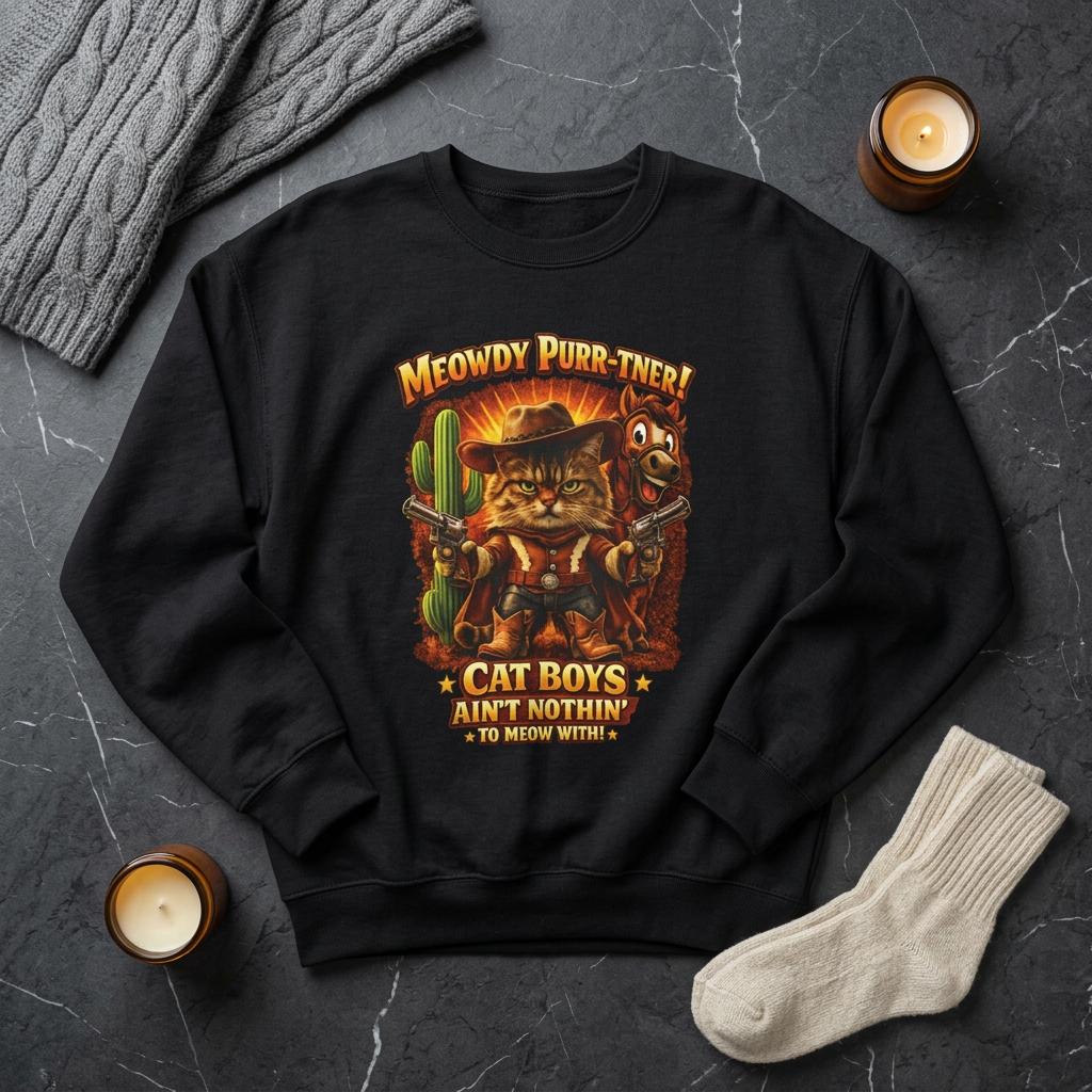 Cat Boys Ain't Nothin' Western Crewneck Sweatshirt — Funny Cowboy Cat Graphic product thumbnail image