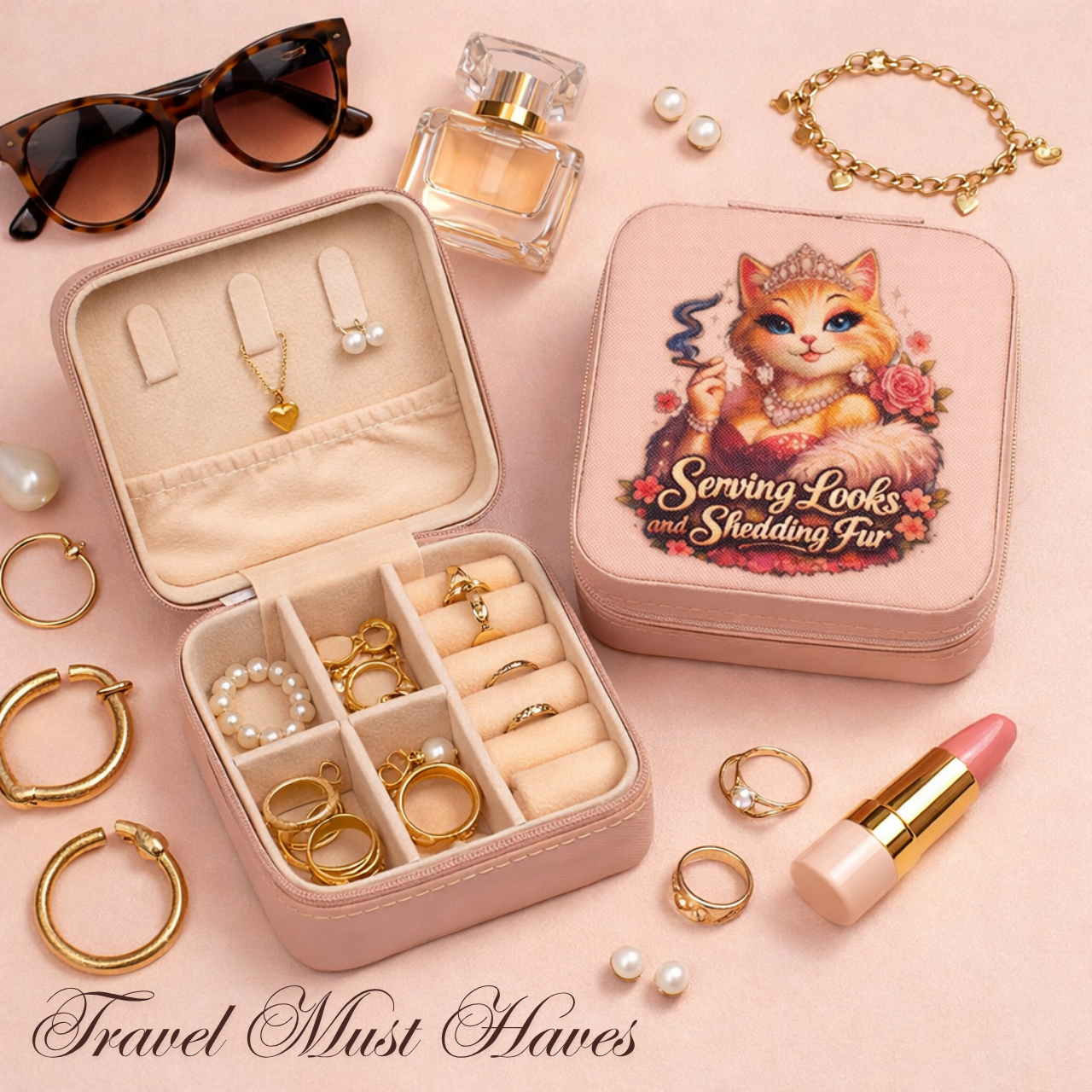 Portable Jewelry Case, Cute Retro Cat 'Serving Looks and Shedding Fur', Travel Organizer, Weekend Away Must-Have