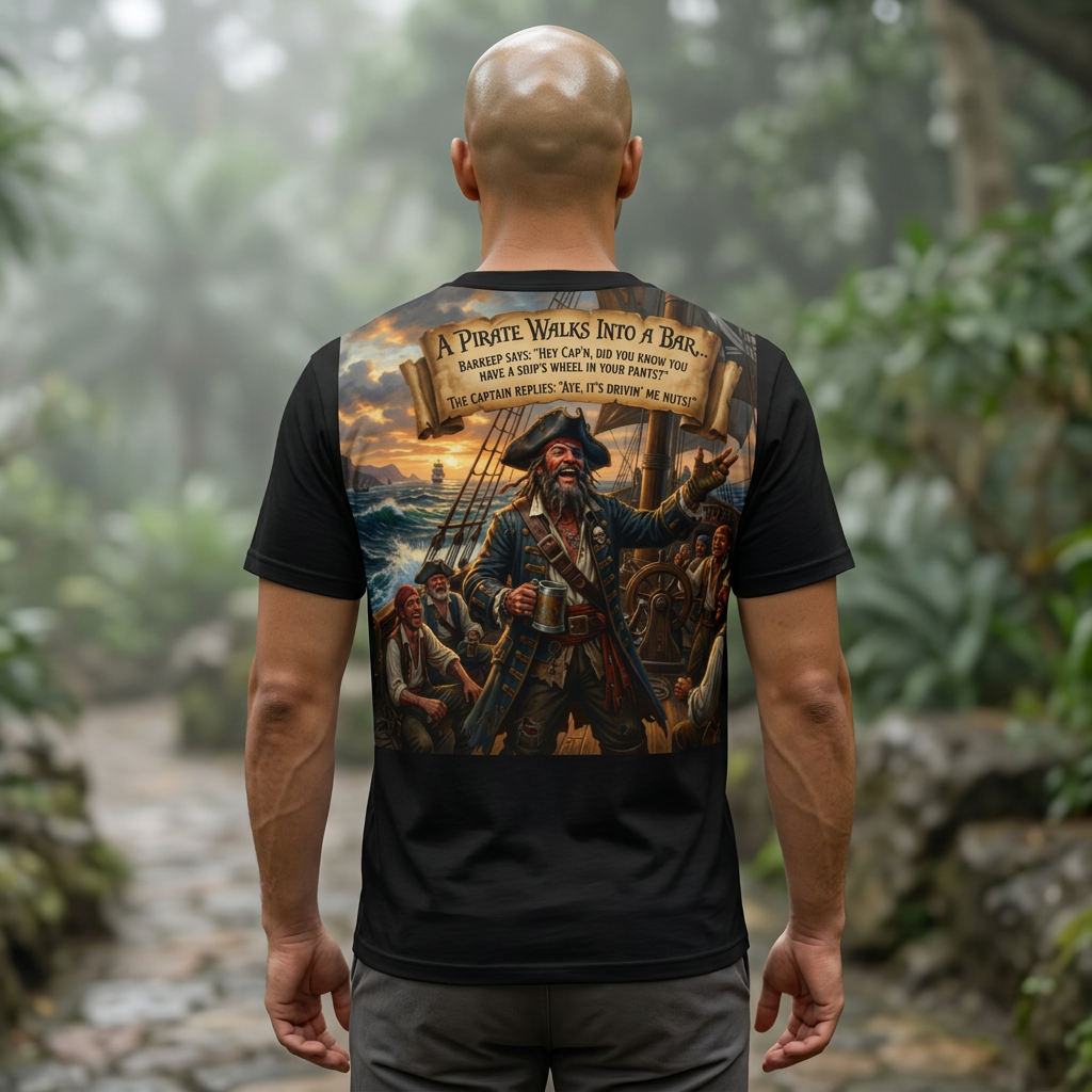 Pirate Captain Graphic T-Shirt — “A Pirate Walks Into a Bar” Vintage Nautical Tee product thumbnail image Pirate Captain Graphic T-Shirt — “A Pirate Walks Into a Bar” Vintage Nautical Tee product thumbnail image