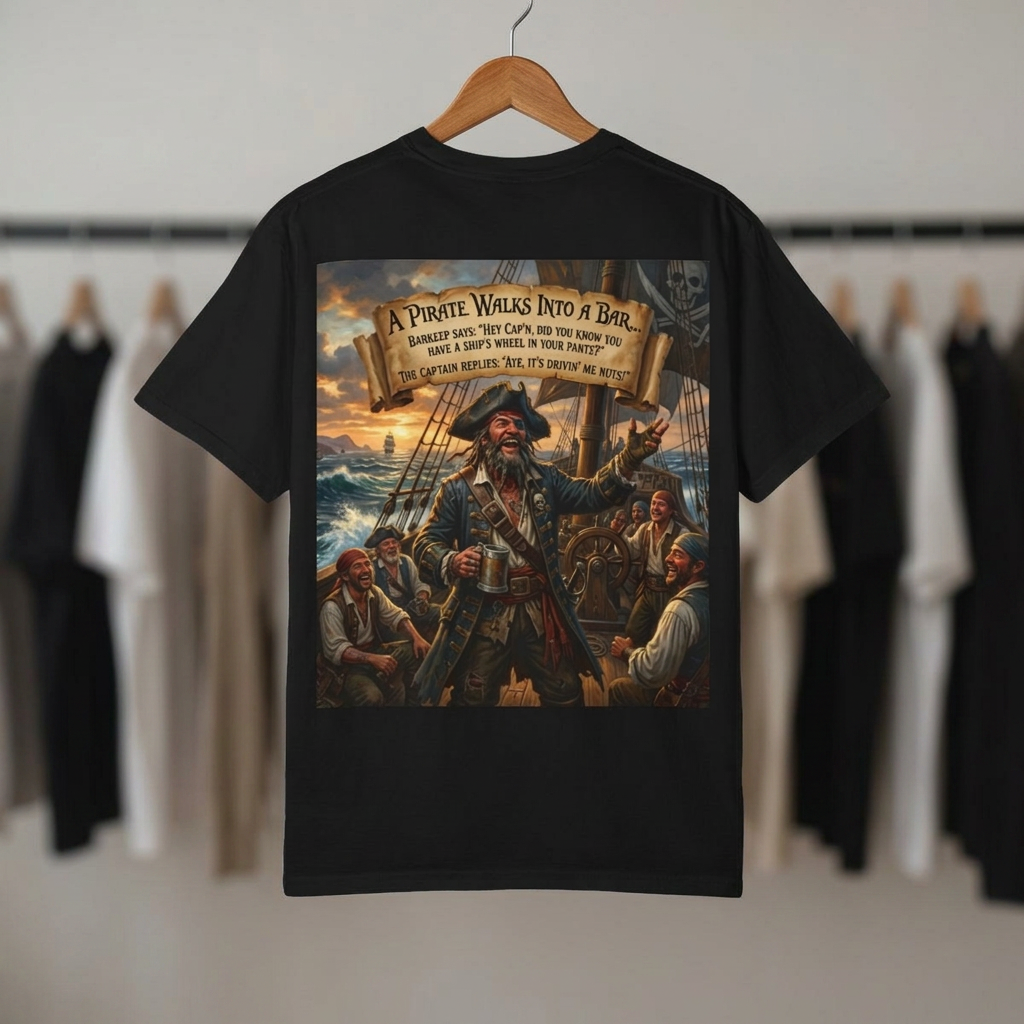 Pirate Captain Graphic T-Shirt — “A Pirate Walks Into a Bar” Vintage Nautical Tee product thumbnail image Pirate Captain Graphic T-Shirt — “A Pirate Walks Into a Bar” Vintage Nautical Tee product thumbnail image