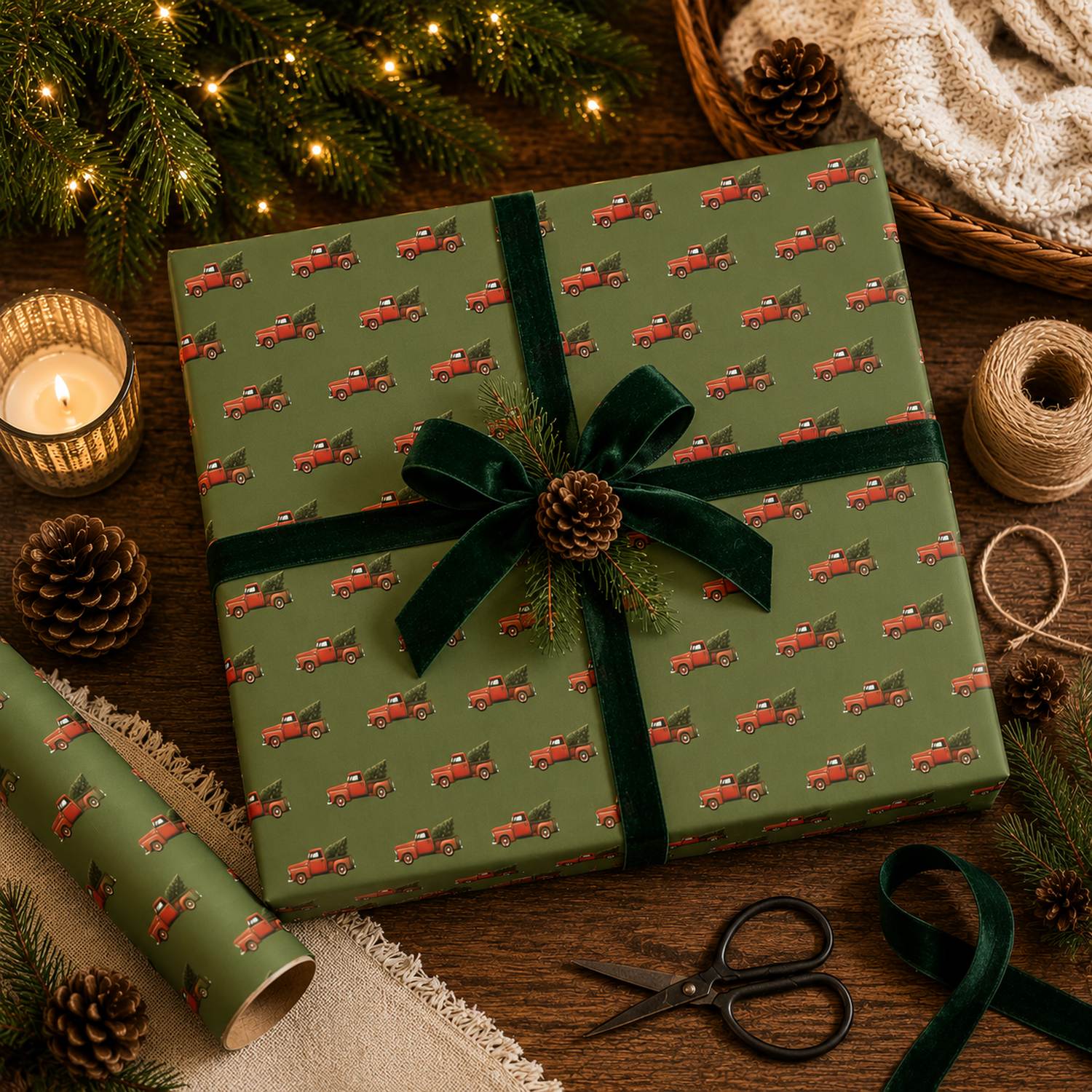 Christmas Gift Wrap Roll with Vintage Red Truck and Christmas TreePattern — Festive Holiday Wrapping Paper