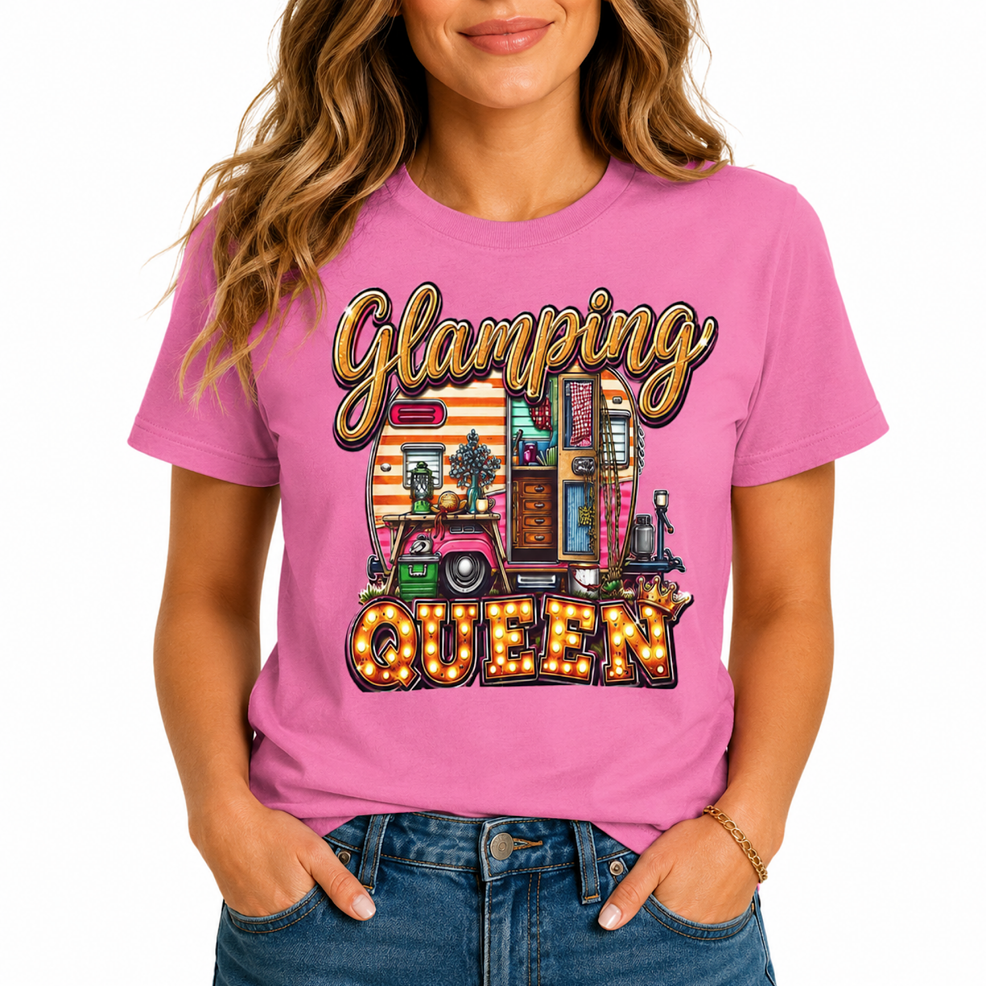 Glamping Queen Shirt for Women Funny Camping T-Shirt Retro Camper RV Glamper Camping Life Tee For Mom Wife product thumbnail image