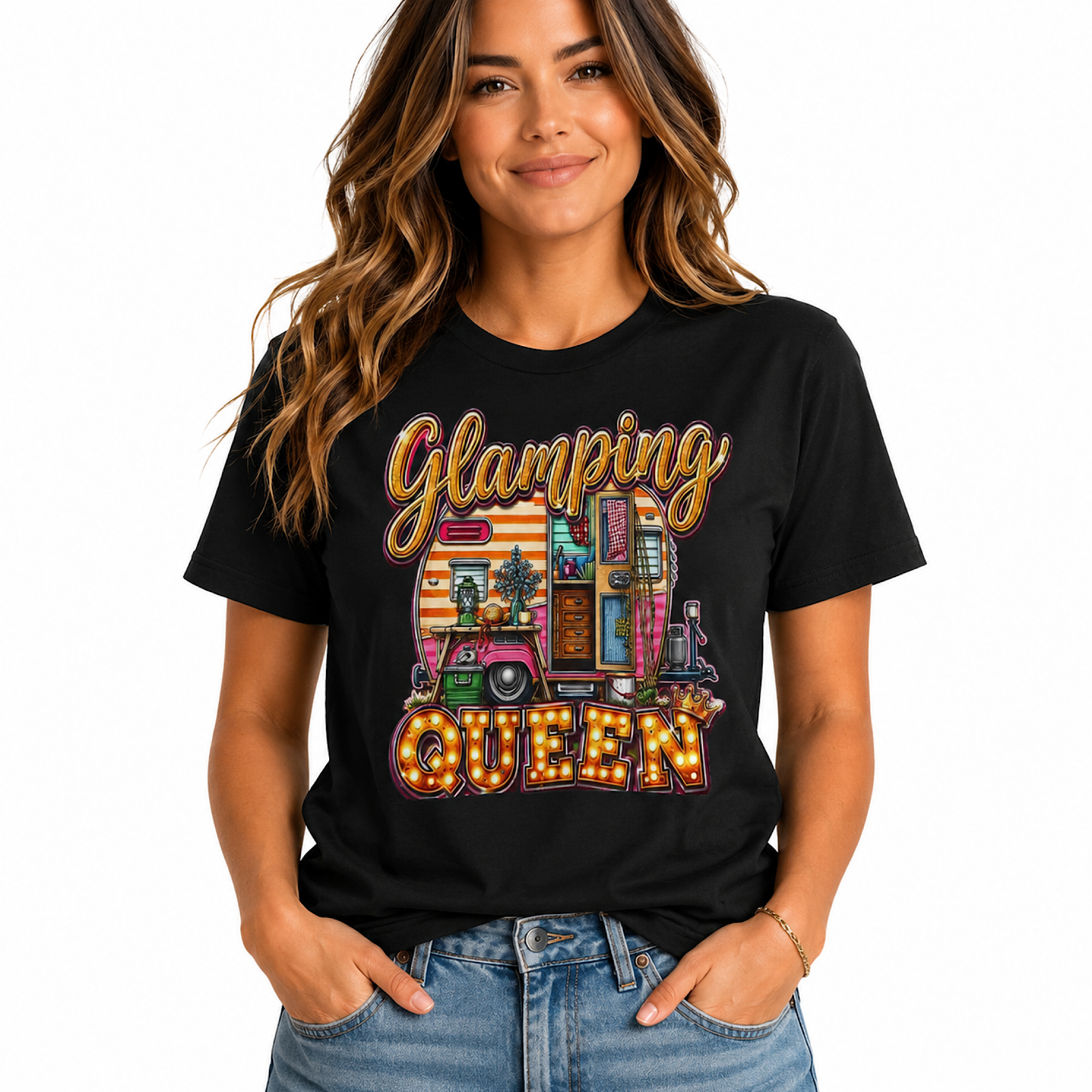 Glamping Queen Shirt for Women Funny Camping T-Shirt Retro Camper RV Glamper Camping Life Tee For Mom Wife product thumbnail image