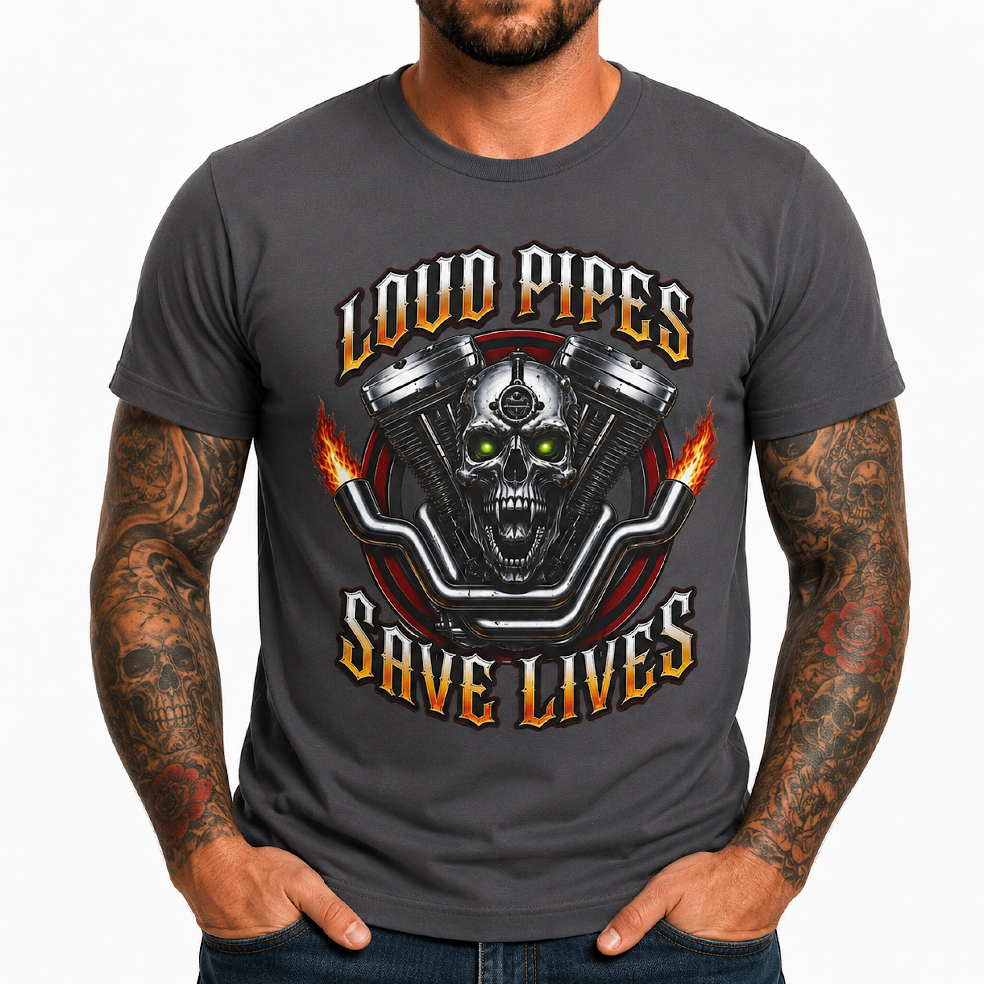 Biker Loud Pipes Save Lives Shirt V-Twin Unisex Motorcycle Biker Skull Graphic Tee Funny Rider Motorcycle Shirt