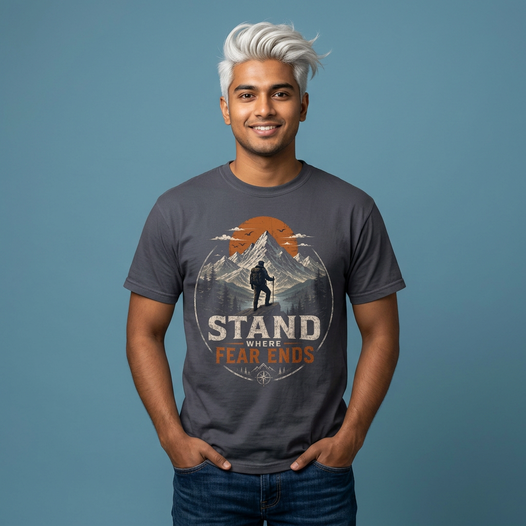 Stand Where Fear Ends Mountain Hiking T-Shirt product thumbnail image Stand Where Fear Ends Mountain Hiking T-Shirt product thumbnail image