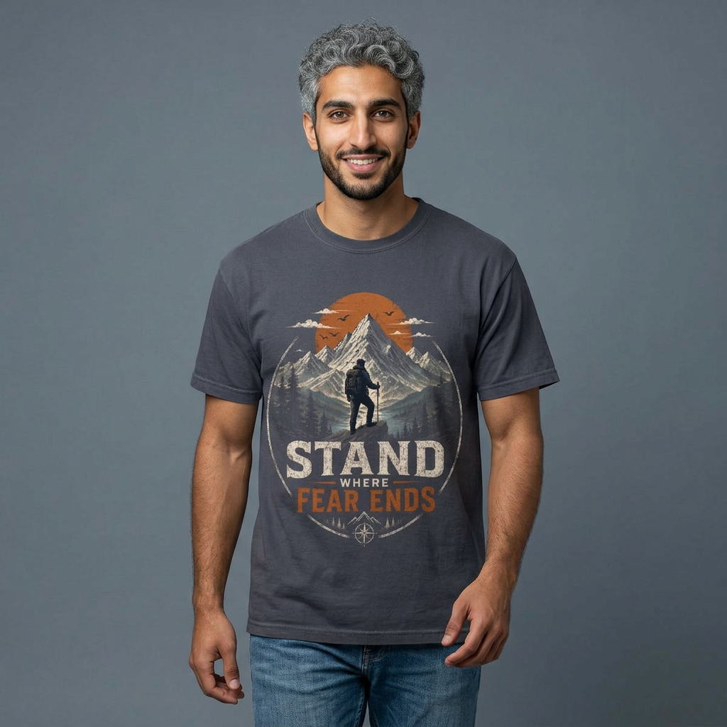 Stand Where Fear Ends Mountain Hiking T-Shirt product thumbnail image Stand Where Fear Ends Mountain Hiking T-Shirt product thumbnail image