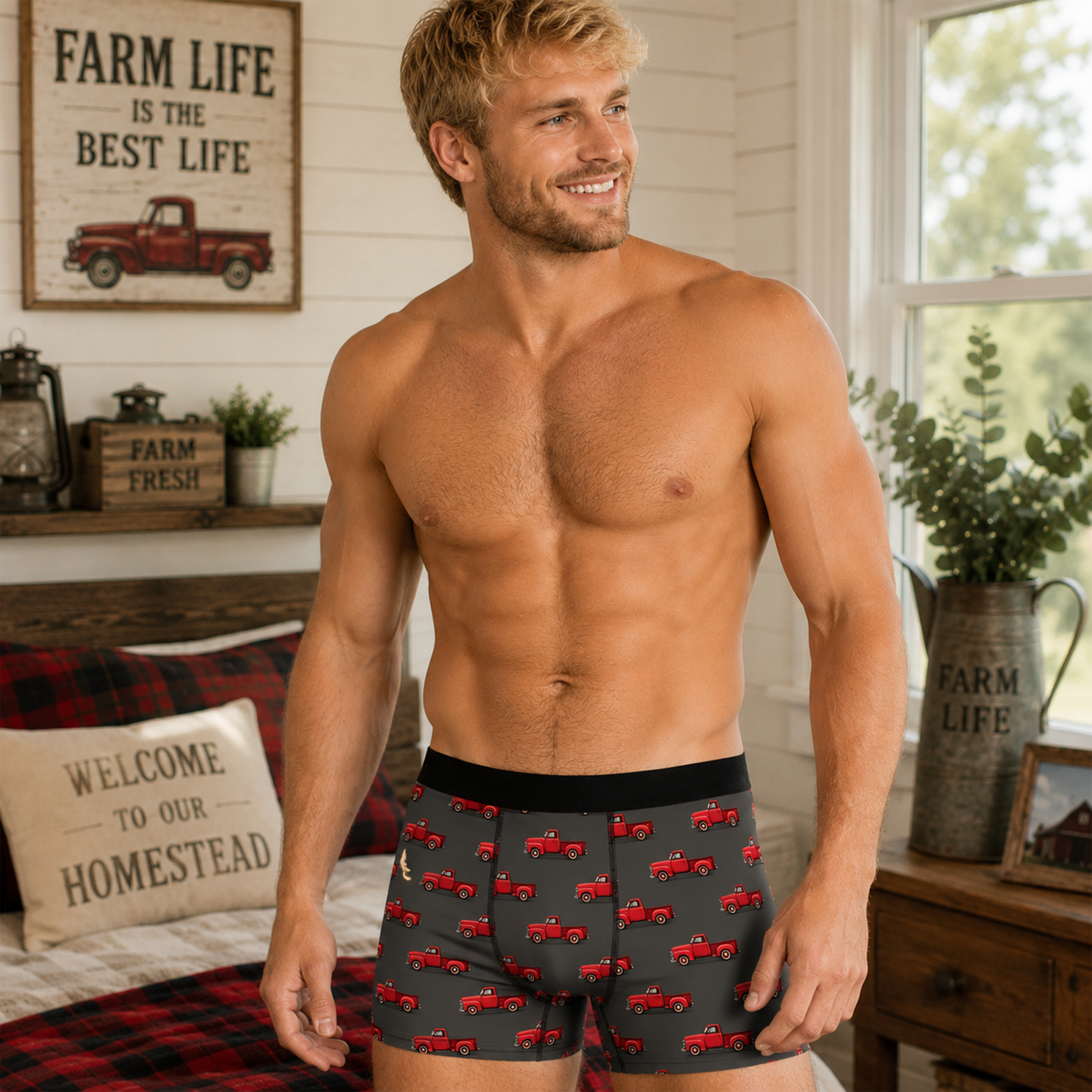 Red Vintage Truck Boxer Briefs — Men’s Allover Print Holiday Boxer Shorts