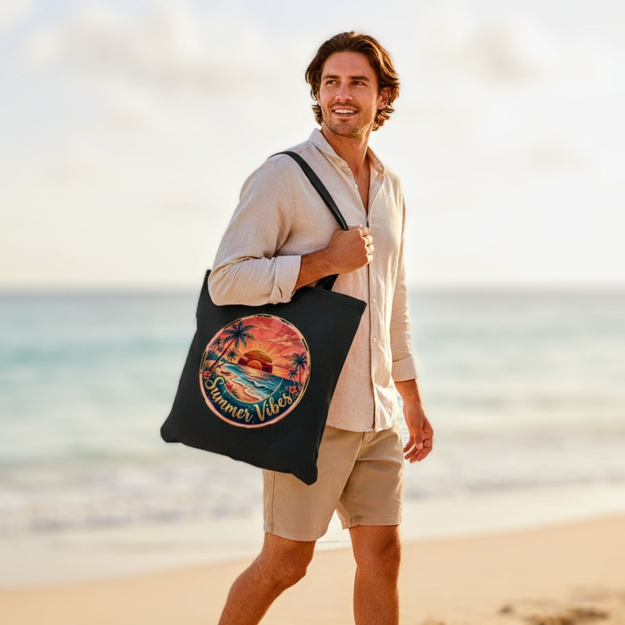 Summer Vibes Canvas Tote — Beach Sunset Cotton Tote Bag