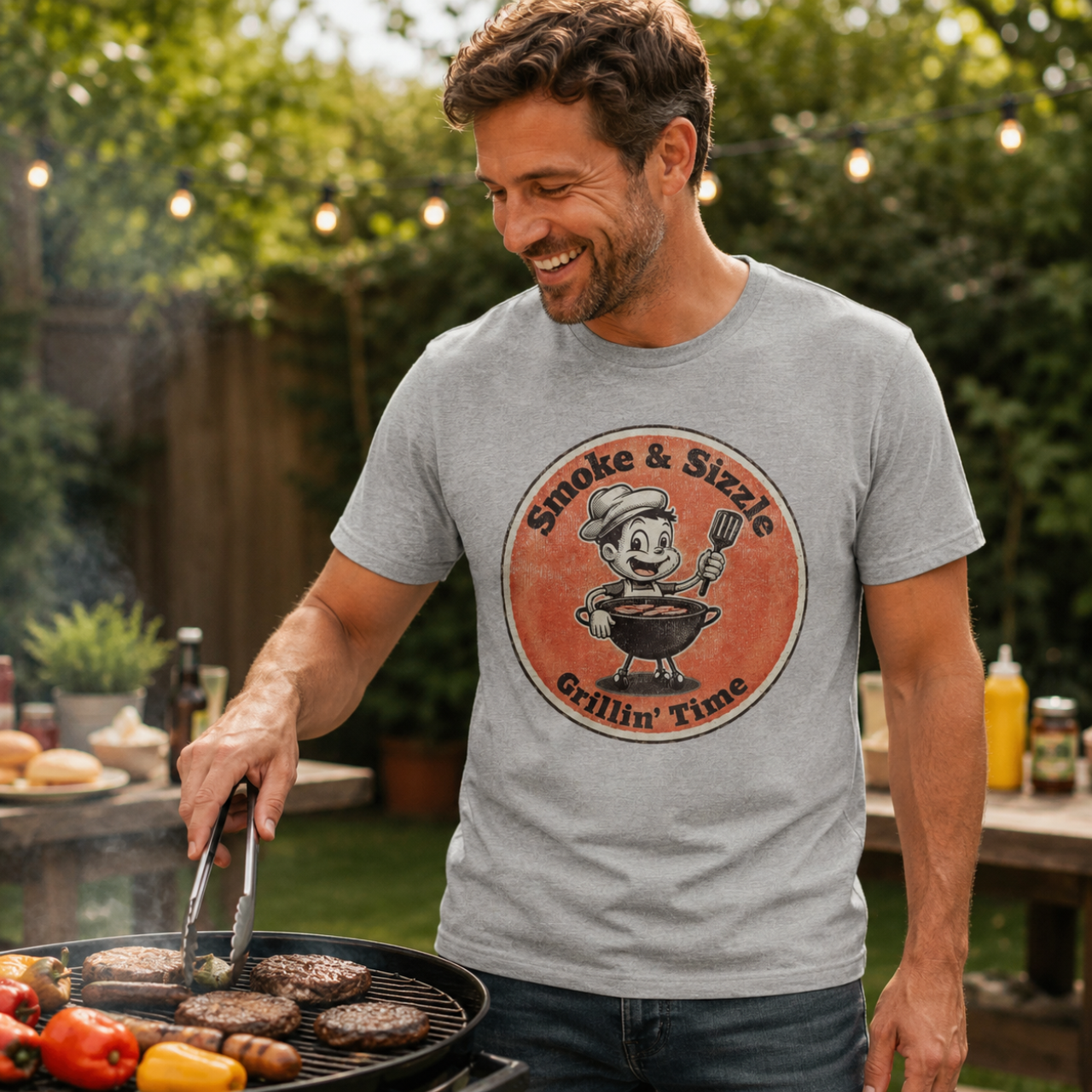 Grillin' Time Vintage Style BBQ T-Shirt - "Smoke &amp; Sizzle" Retro Grilling Tee